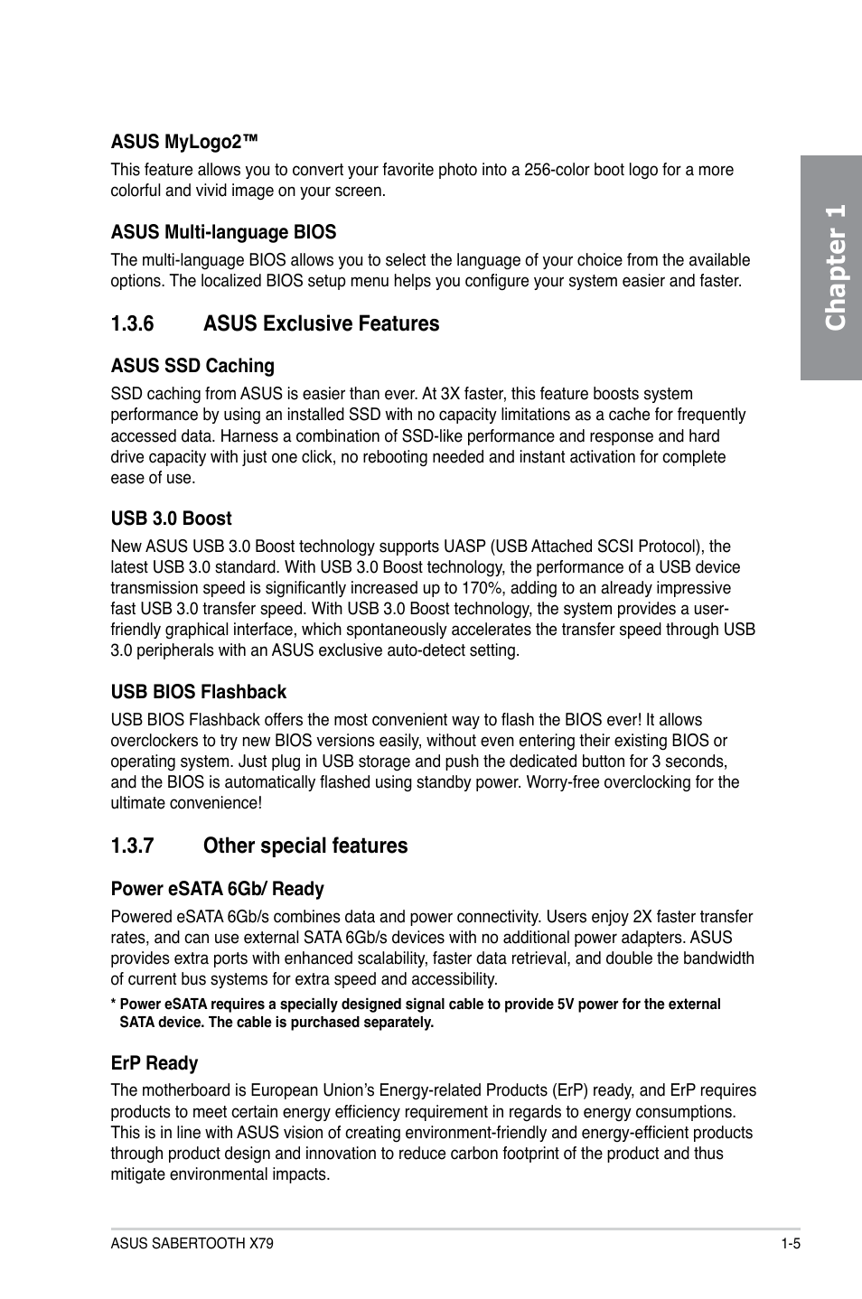 6 asus exclusive features, 7 other special features, Asus exclusive features -5 | Other special features -5, Chapter 1 | Asus SABERTOOTH X79 User Manual | Page 17 / 148