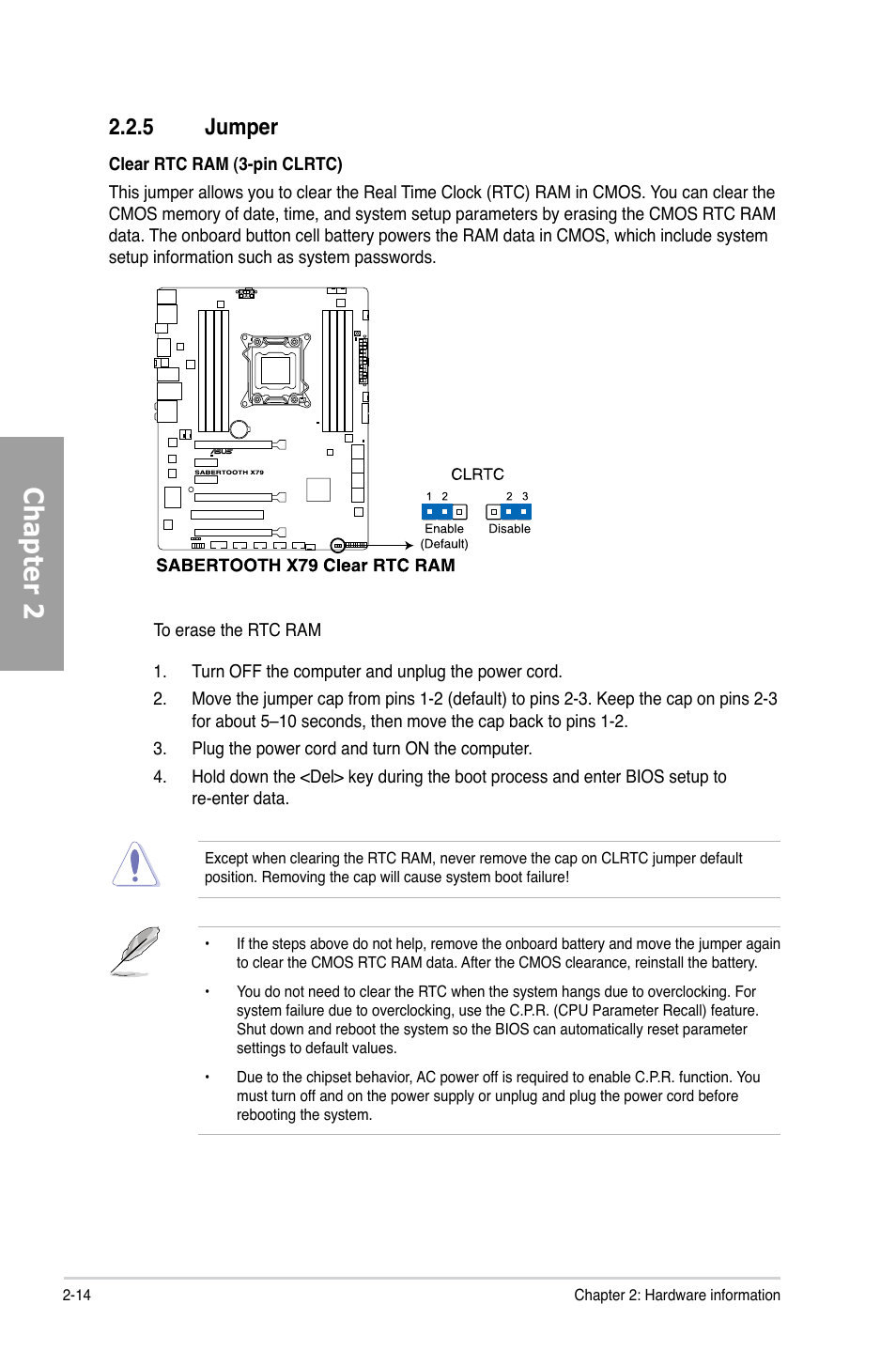 5 jumper, Jumper -14, Chapter 2 | Asus SABERTOOTH X79 User Manual | Page 32 / 148