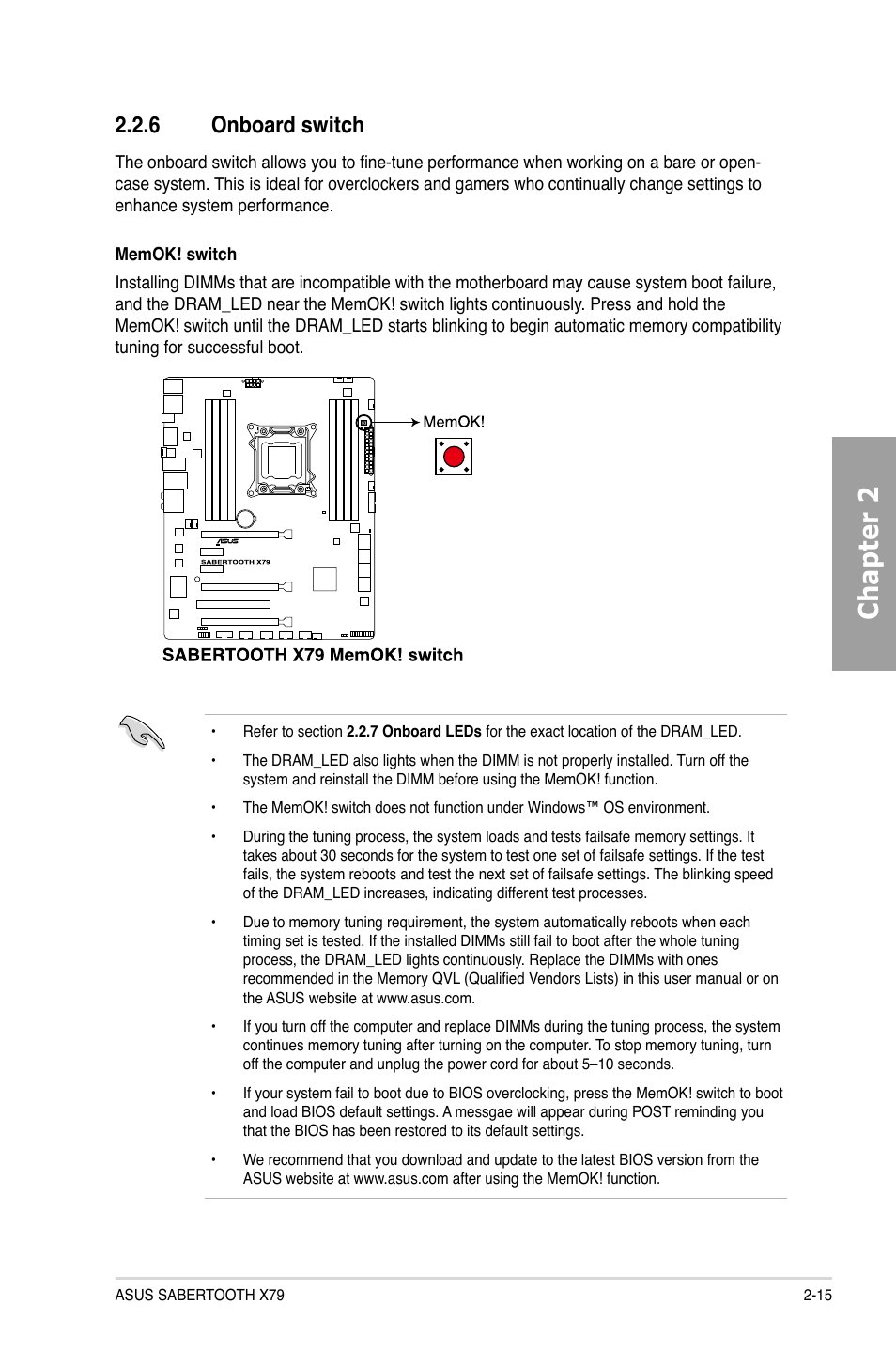 6 onboard switch, Onboard switch -15, Chapter 2 | Asus SABERTOOTH X79 User Manual | Page 33 / 148