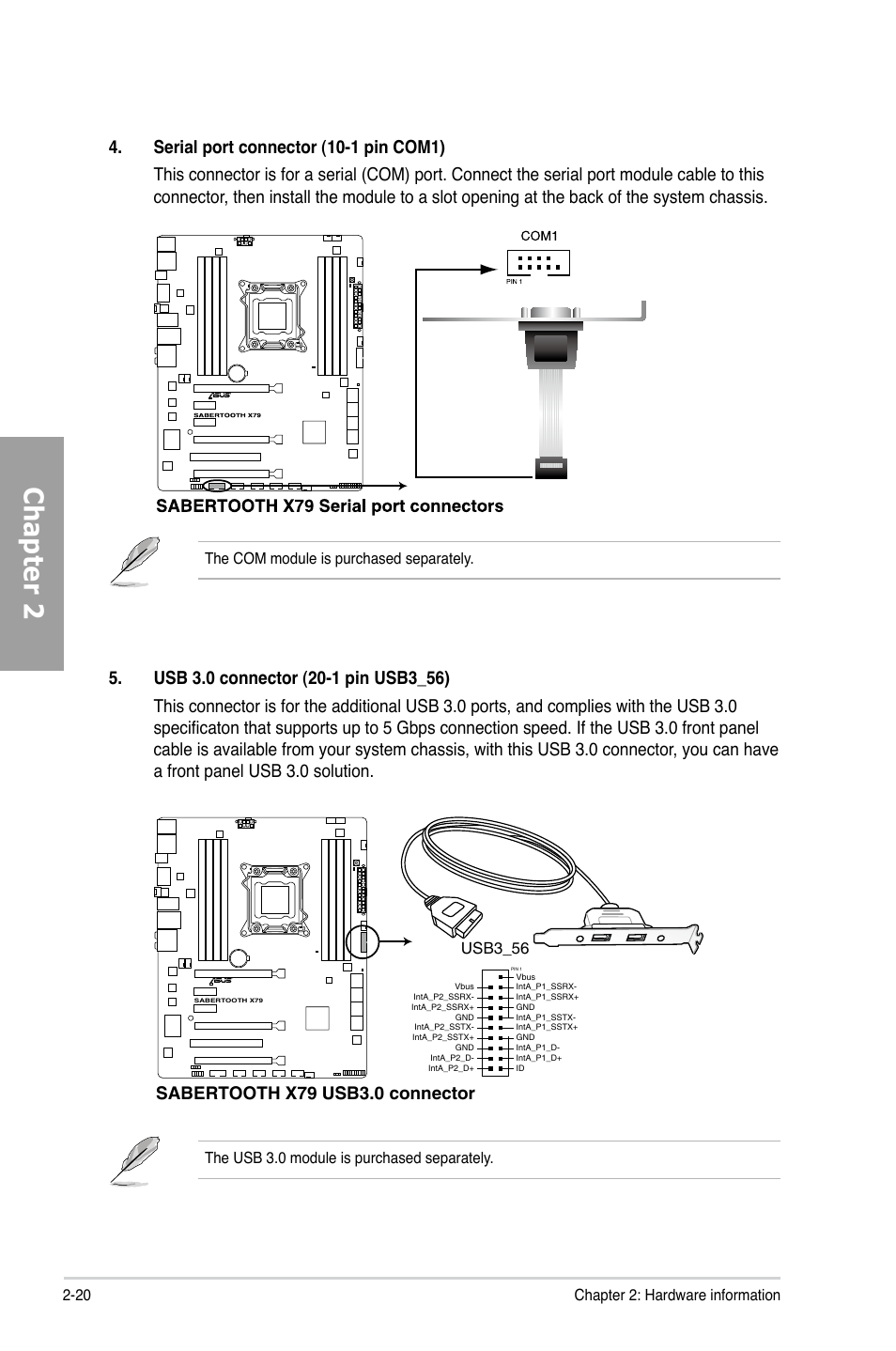 Chapter 2, Sabertooth x79 usb3.0 connector, 20 chapter 2: hardware information | Usb3_56 | Asus SABERTOOTH X79 User Manual | Page 38 / 148