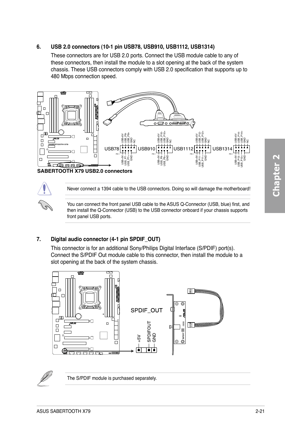 Chapter 2, Sabertooth x79 digital audio connector, Sabertooth x79 usb2.0 connectors | Asus SABERTOOTH X79 User Manual | Page 39 / 148