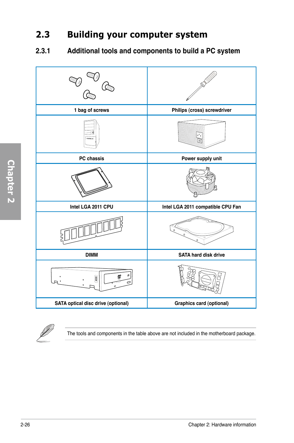 3 building your computer system, Building your computer system -26 2.3.1, Chapter 2 2.3 building your computer system | Asus SABERTOOTH X79 User Manual | Page 44 / 148