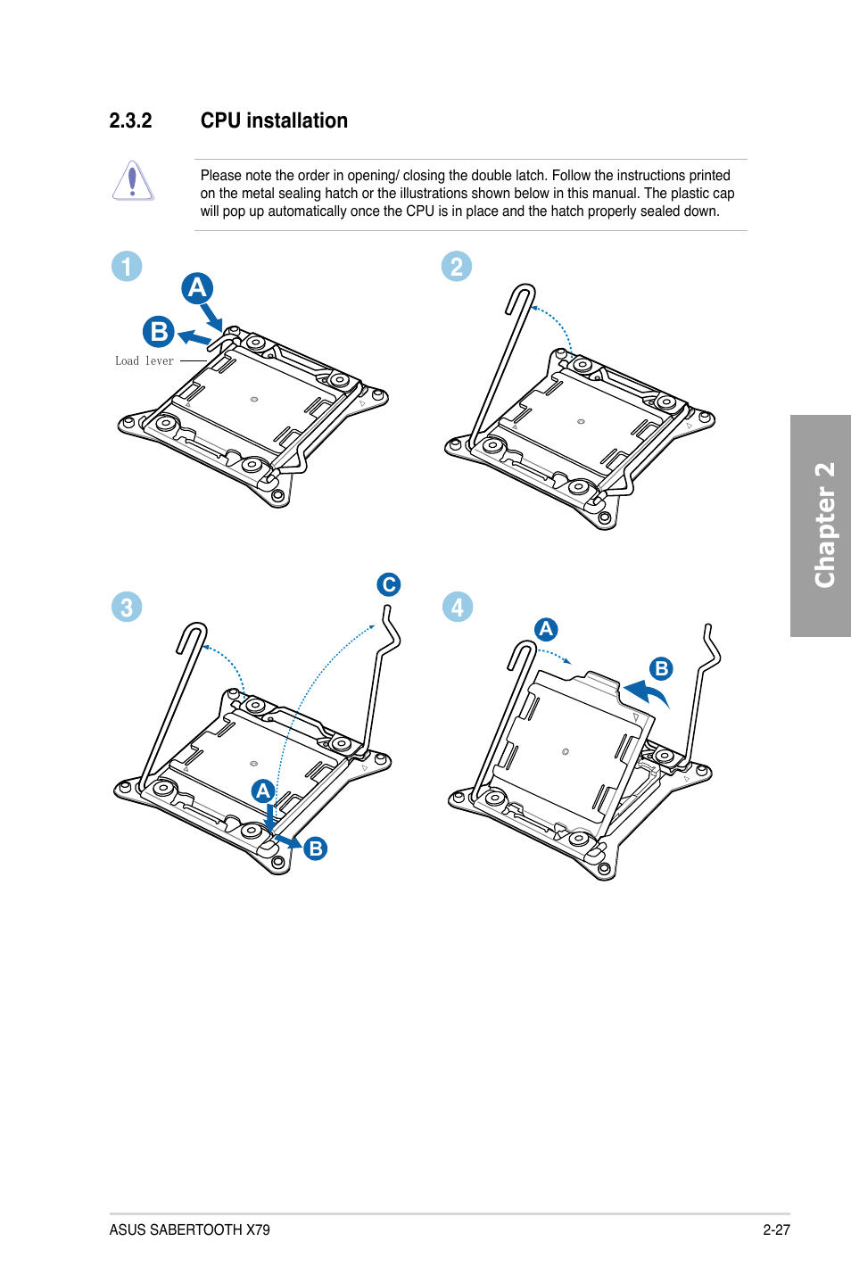 2 cpu installation, Cpu installation -27, Chapter 2 | Asus SABERTOOTH X79 User Manual | Page 45 / 148