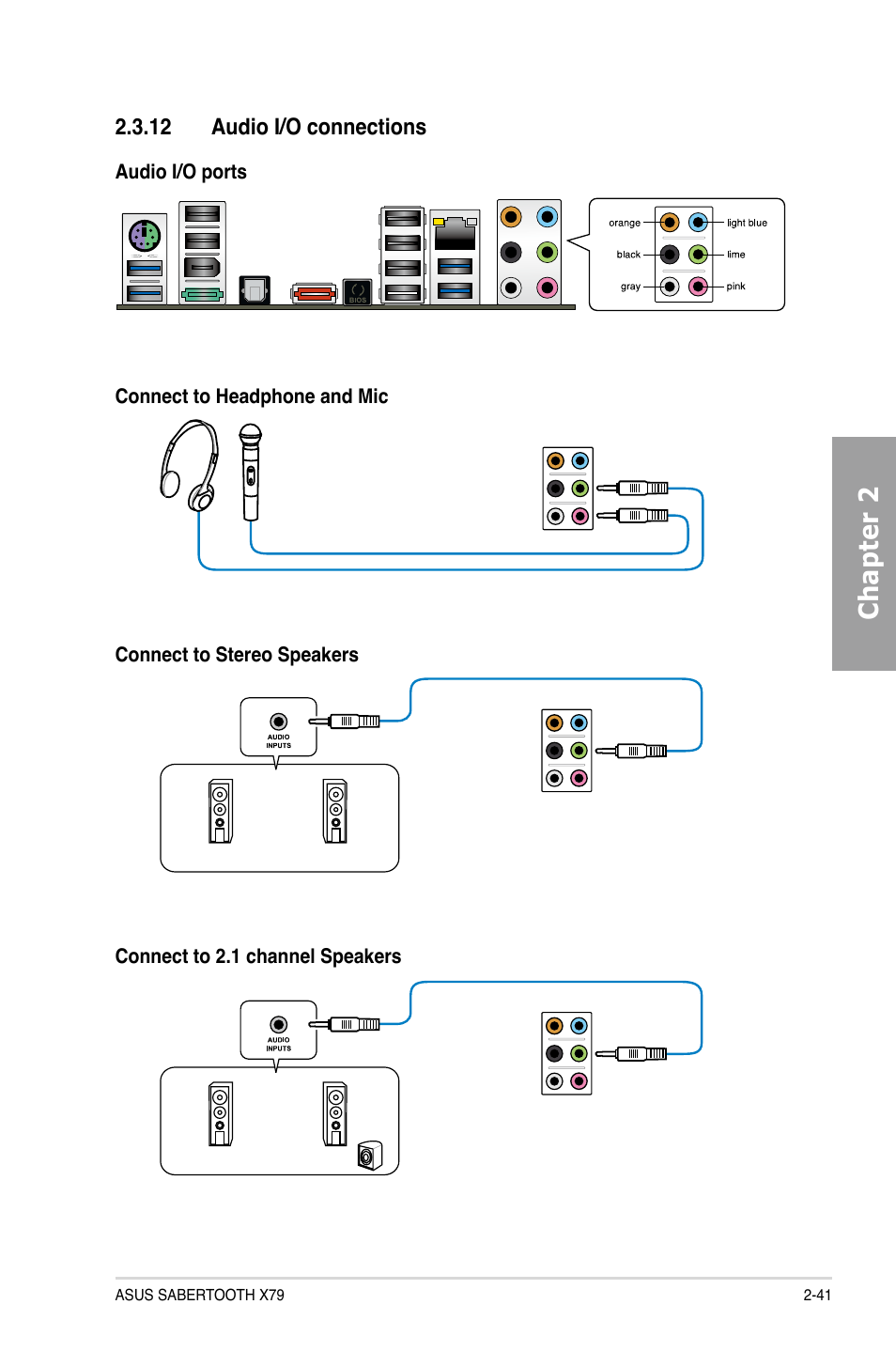 12 audio i/o connections, Audio i/o connections -41, Chapter 2 | Asus SABERTOOTH X79 User Manual | Page 59 / 148