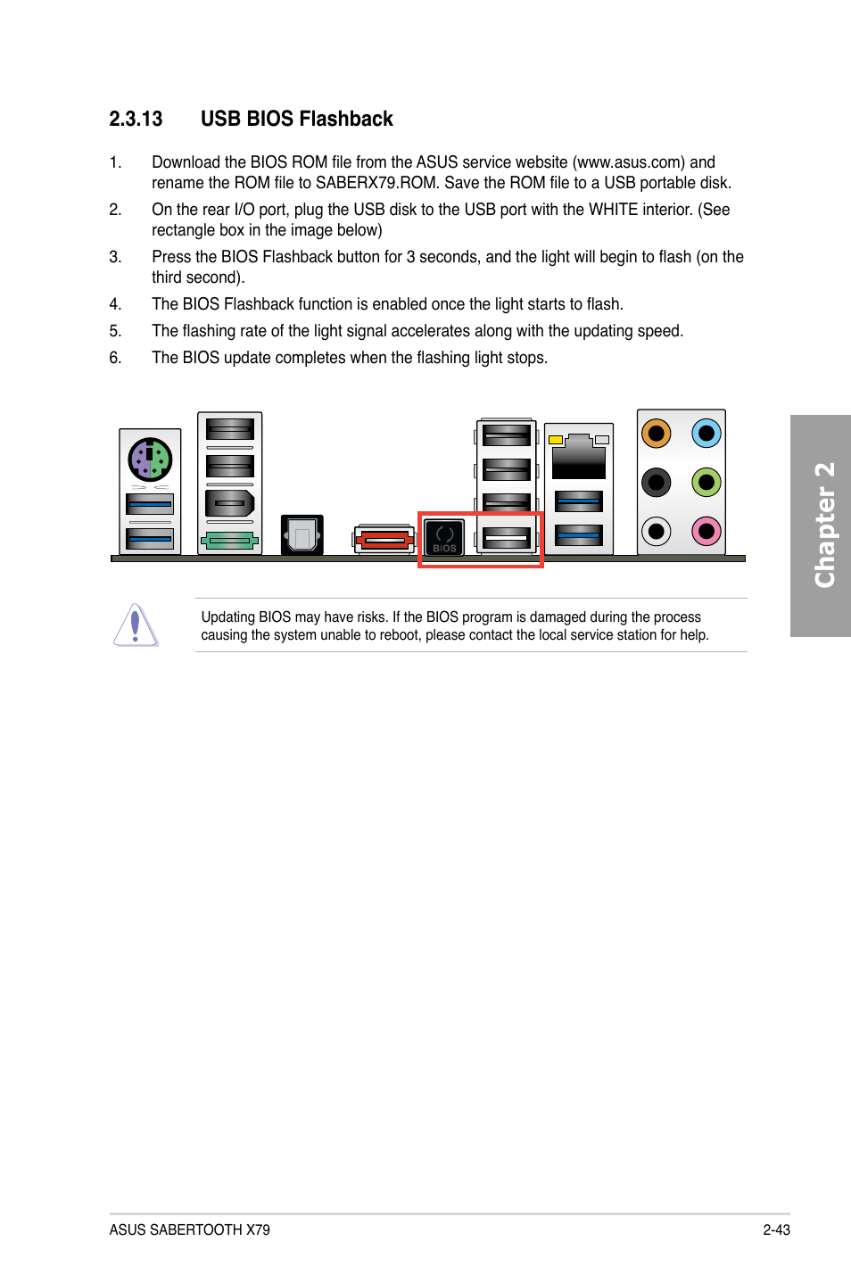 13 usb bios flashback, Usb bios flashback -43, Chapter 2 | Asus SABERTOOTH X79 User Manual | Page 61 / 148