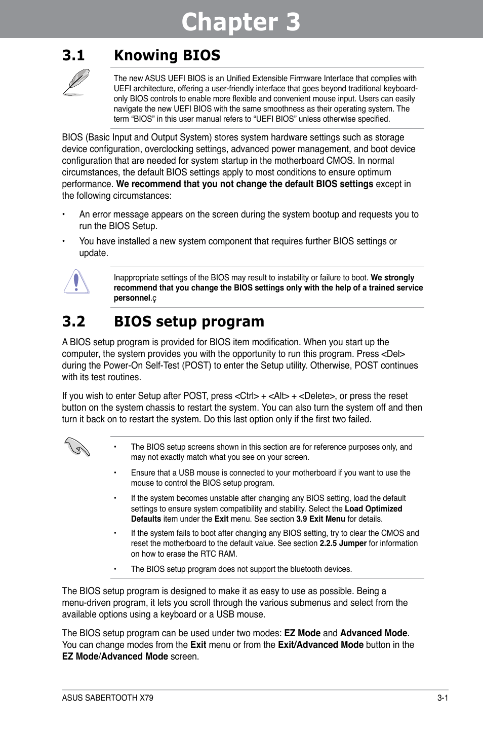 Chapter 3: bios setup, 1 knowing bios, 2 bios setup program | Chapter 3, Bios setup, Knowing bios -1, Bios setup program -1 | Asus SABERTOOTH X79 User Manual | Page 63 / 148