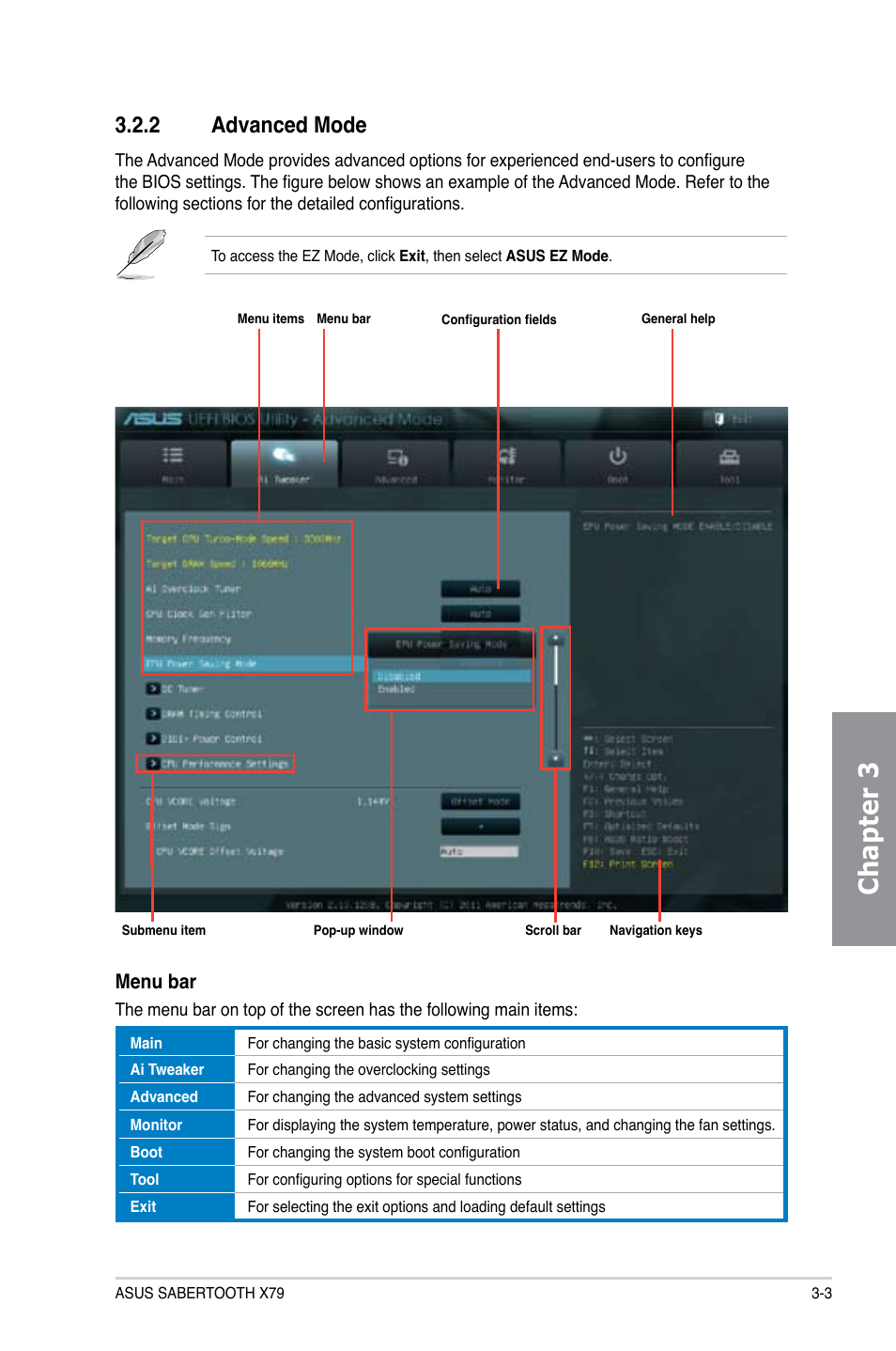 2 advanced mode, Advanced mode -3, Chapter 3 | Menu bar | Asus SABERTOOTH X79 User Manual | Page 65 / 148