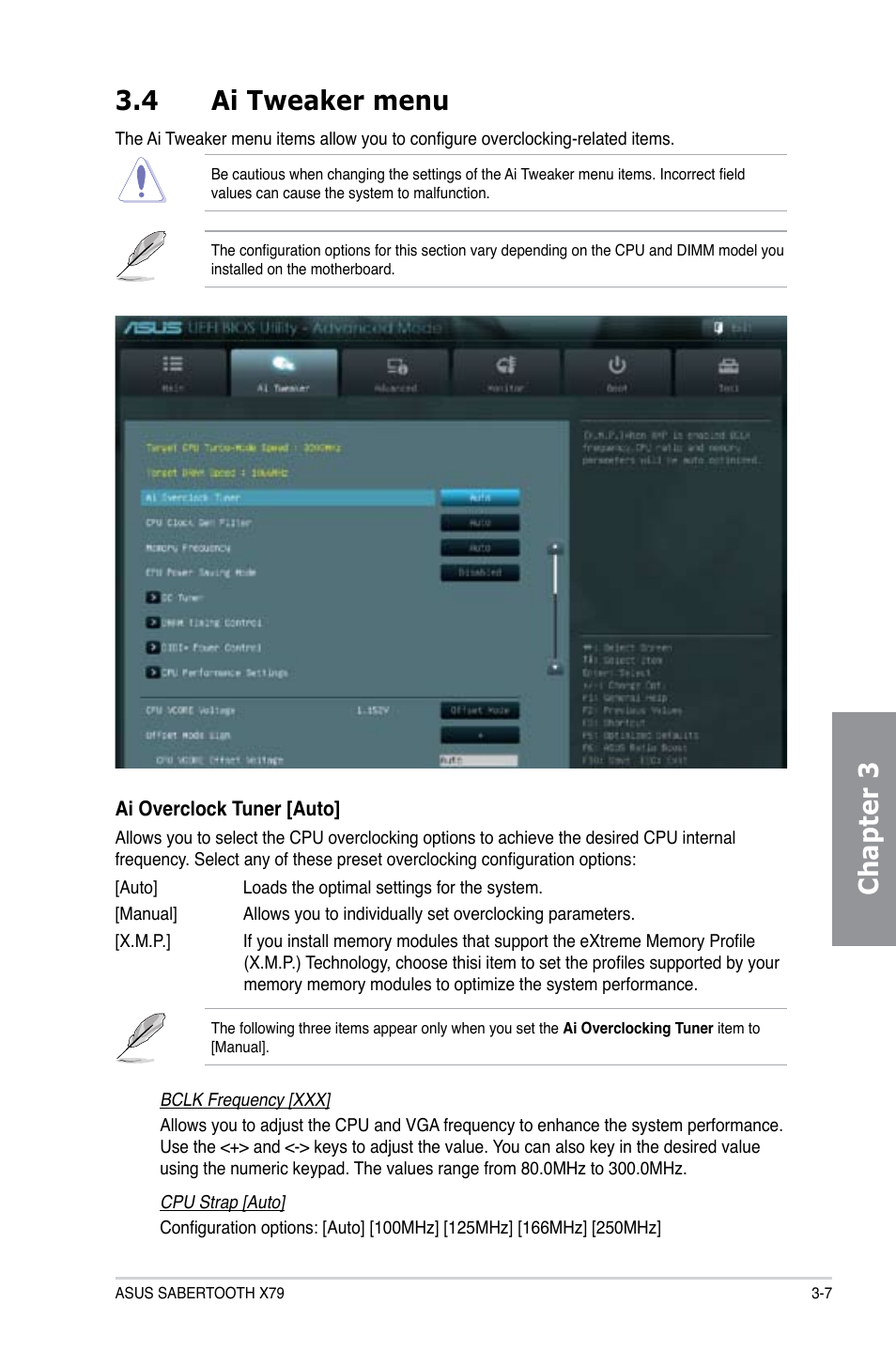 4 ai tweaker menu, Ai tweaker menu -7, Chapter 3 3.4 ai tweaker menu | Asus SABERTOOTH X79 User Manual | Page 69 / 148