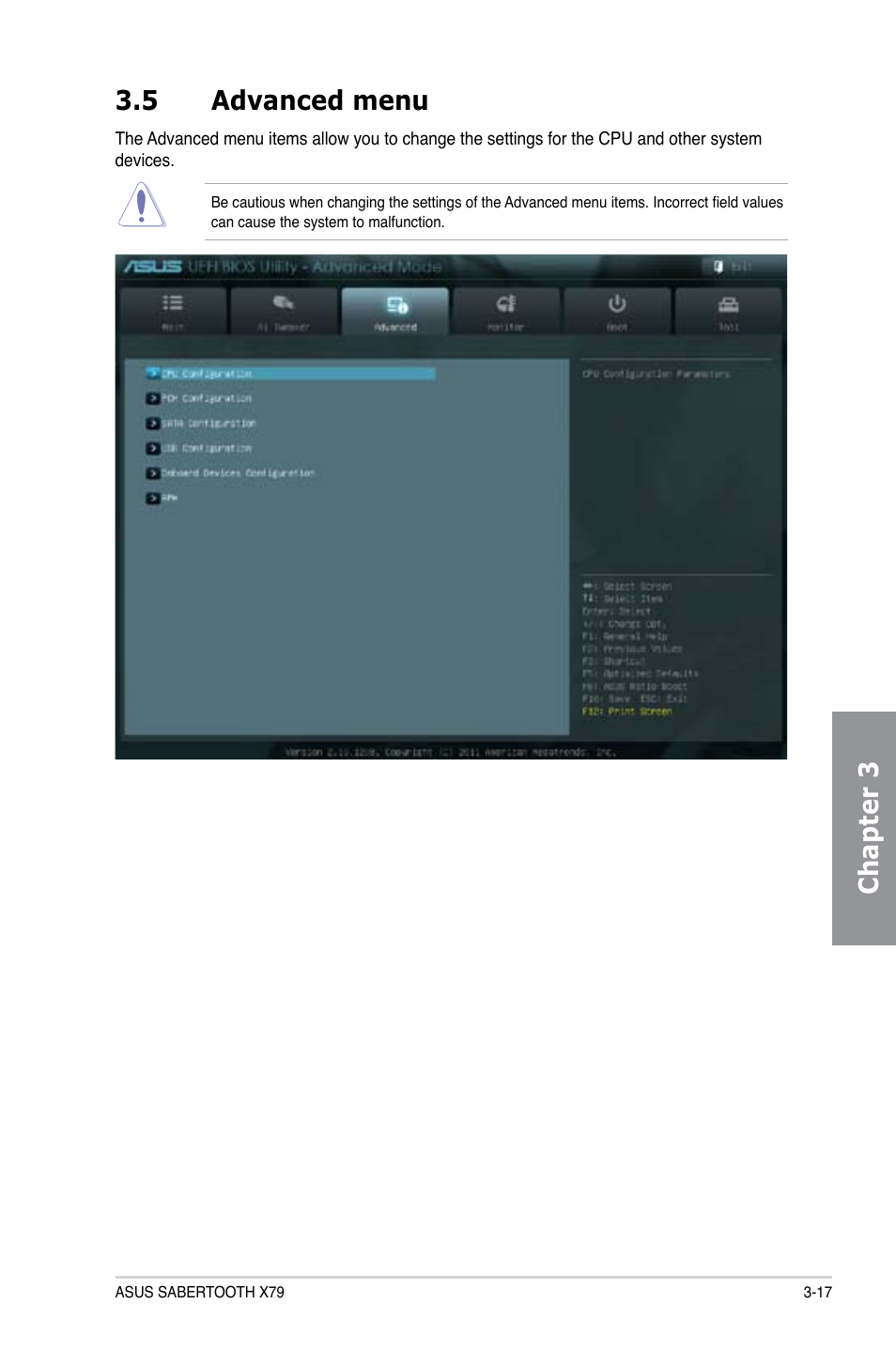 5 advanced menu, Advanced menu -17, Chapter 3 | Asus SABERTOOTH X79 User Manual | Page 79 / 148