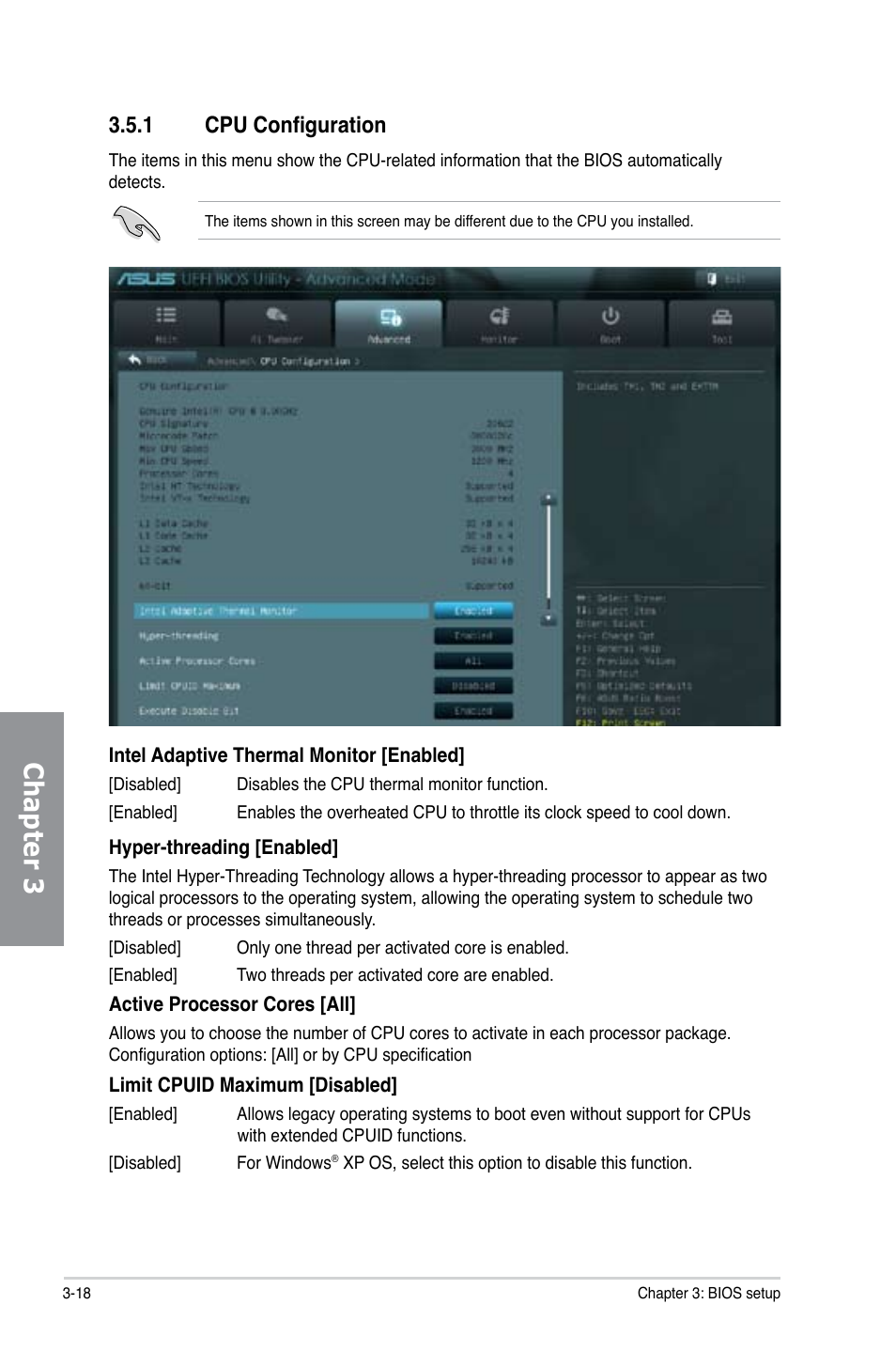 1 cpu configuration, Cpu configuration -18, Chapter 3 | Asus SABERTOOTH X79 User Manual | Page 80 / 148