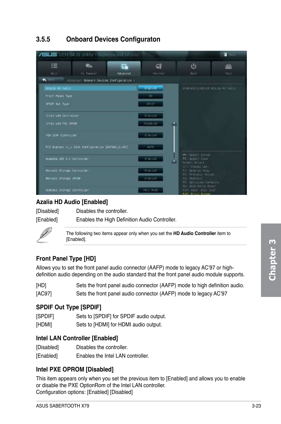 5 onboard devices configuraton, Onboard devices configuraton -23, Chapter 3 | Asus SABERTOOTH X79 User Manual | Page 85 / 148