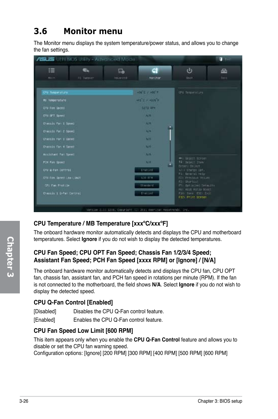 6 monitor menu, Monitor menu -26, Chapter 3 3.6 monitor menu | Asus SABERTOOTH X79 User Manual | Page 88 / 148