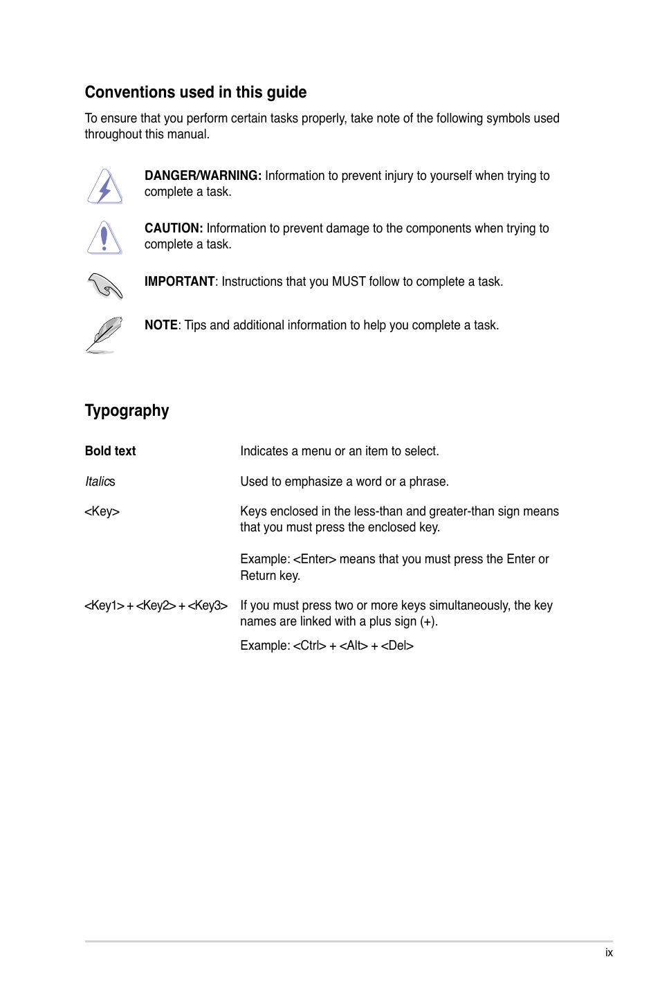 Conventions used in this guide, Typography | Asus SABERTOOTH X79 User Manual | Page 9 / 148