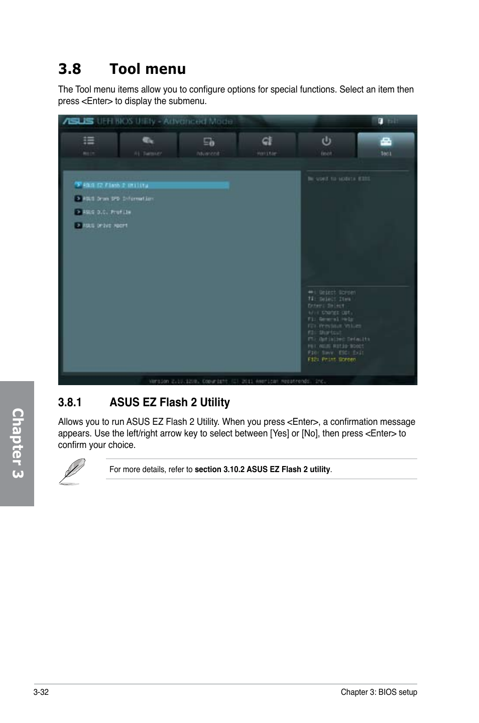 8 tool menu, 1 asus ez flash 2 utility, Tool menu -32 3.8.1 | Asus ez flash 2 utility -32, Chapter 3 3.8 tool menu | Asus SABERTOOTH X79 User Manual | Page 94 / 148