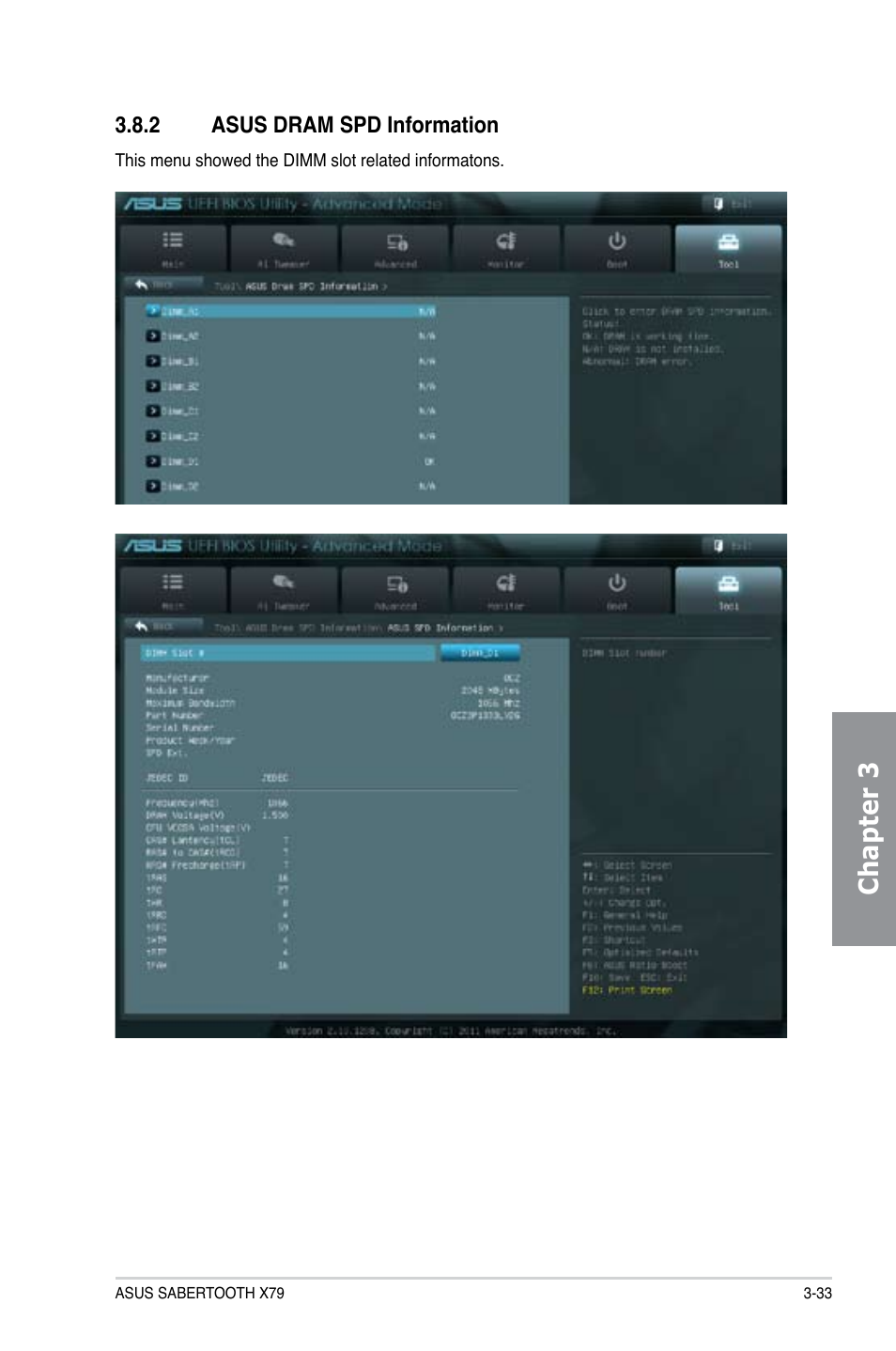 2 asus dram spd information, Asus dram spd information -33, Chapter 3 | Asus SABERTOOTH X79 User Manual | Page 95 / 148