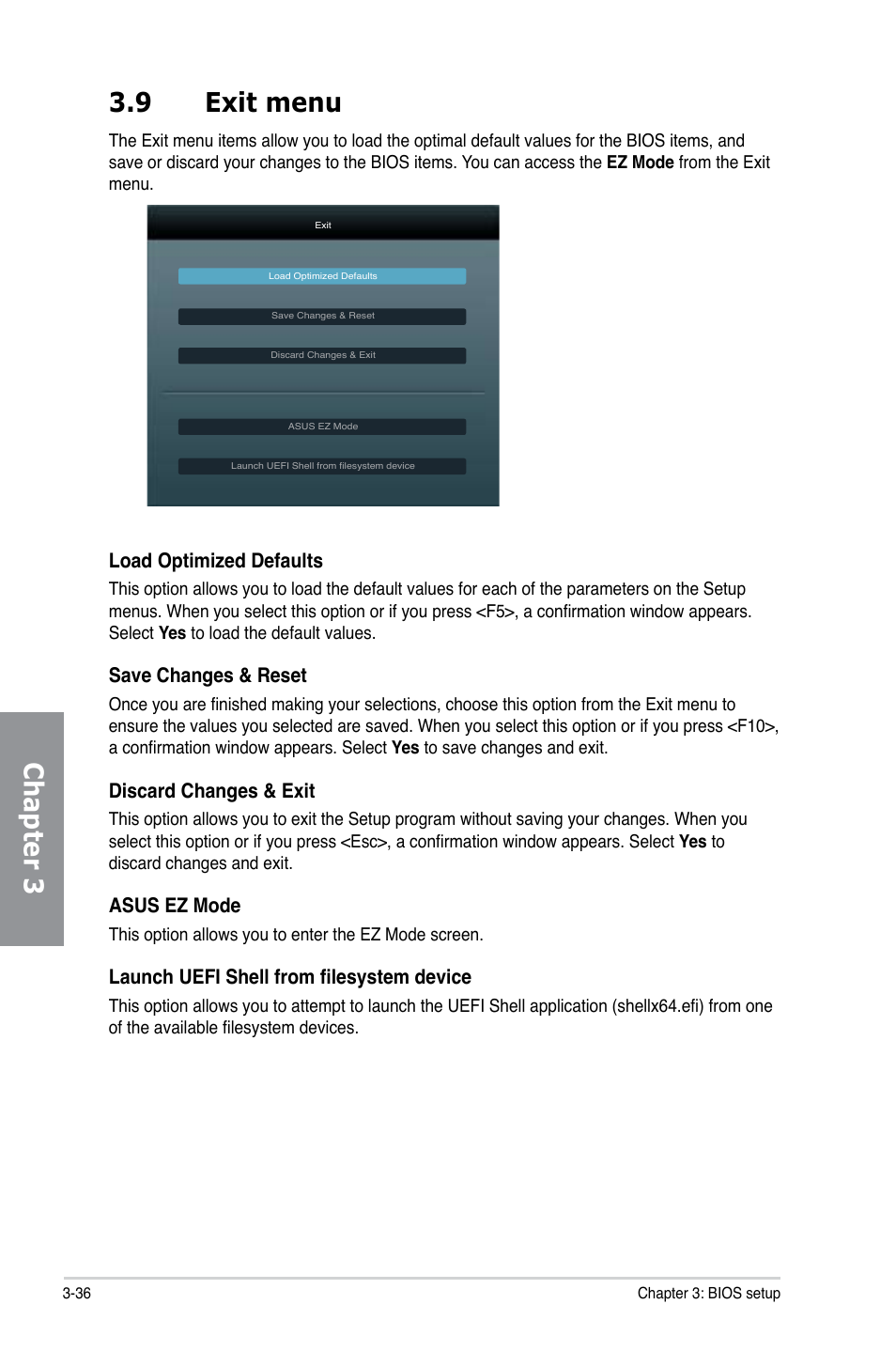 9 exit menu, Exit menu -36, Chapter 3 3.9 exit menu | Asus SABERTOOTH X79 User Manual | Page 98 / 148