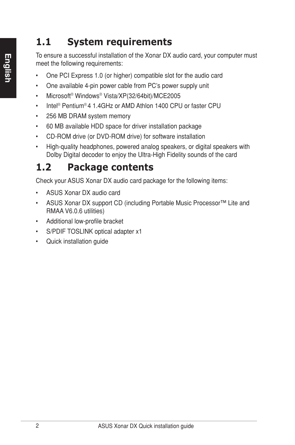 1 system requirements, 2 package contents, English | Asus Xonar DX User Manual | Page 2 / 10