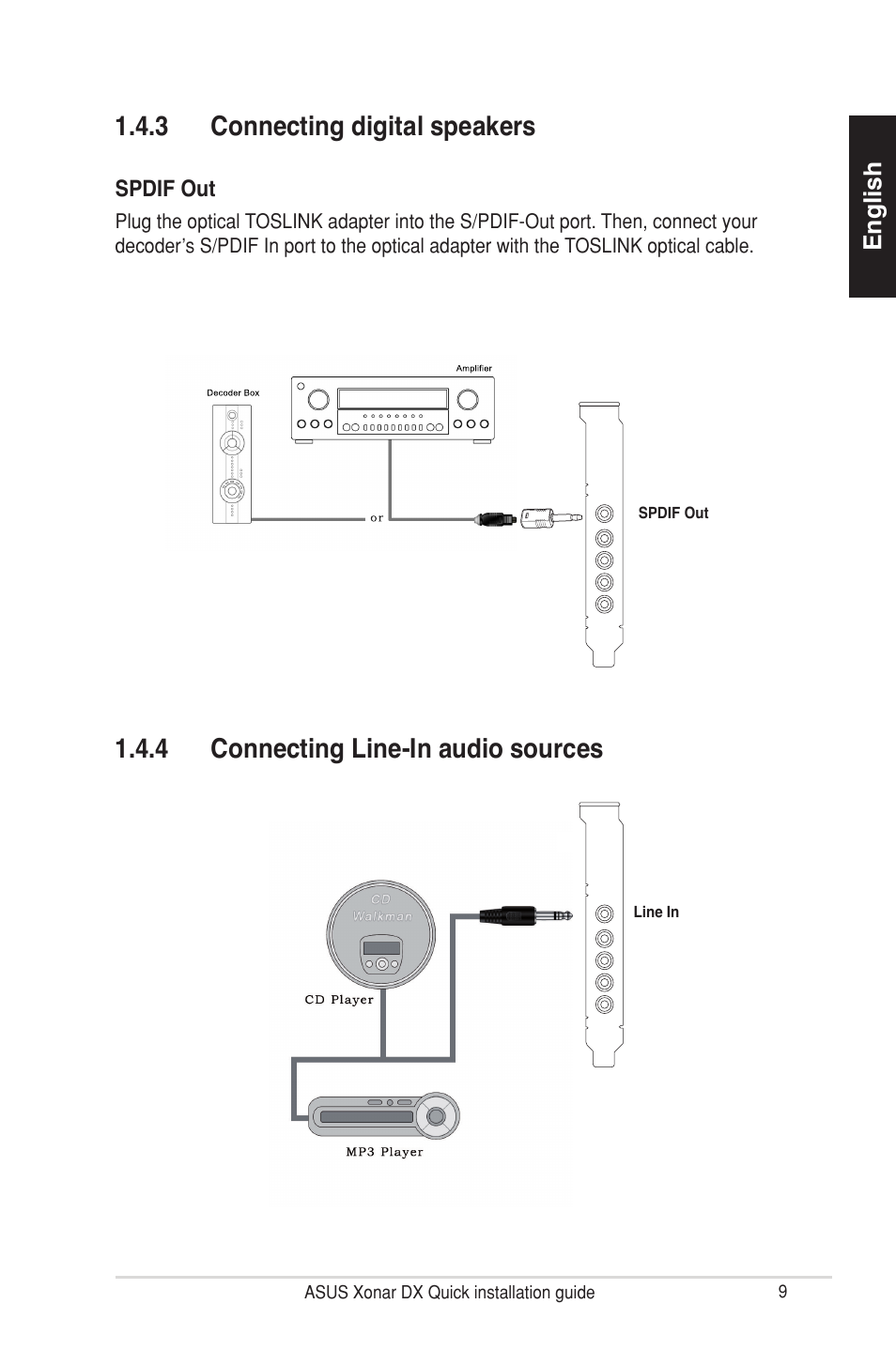 3 connecting digital speakers, 4 connecting line-in audio sources, English | Asus Xonar DX User Manual | Page 9 / 10