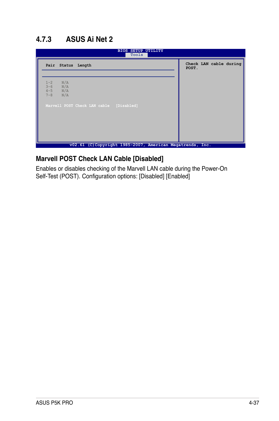 3 asus ai net 2, Marvell post check lan cable [disabled | Asus P5K Pro User Manual | Page 101 / 166