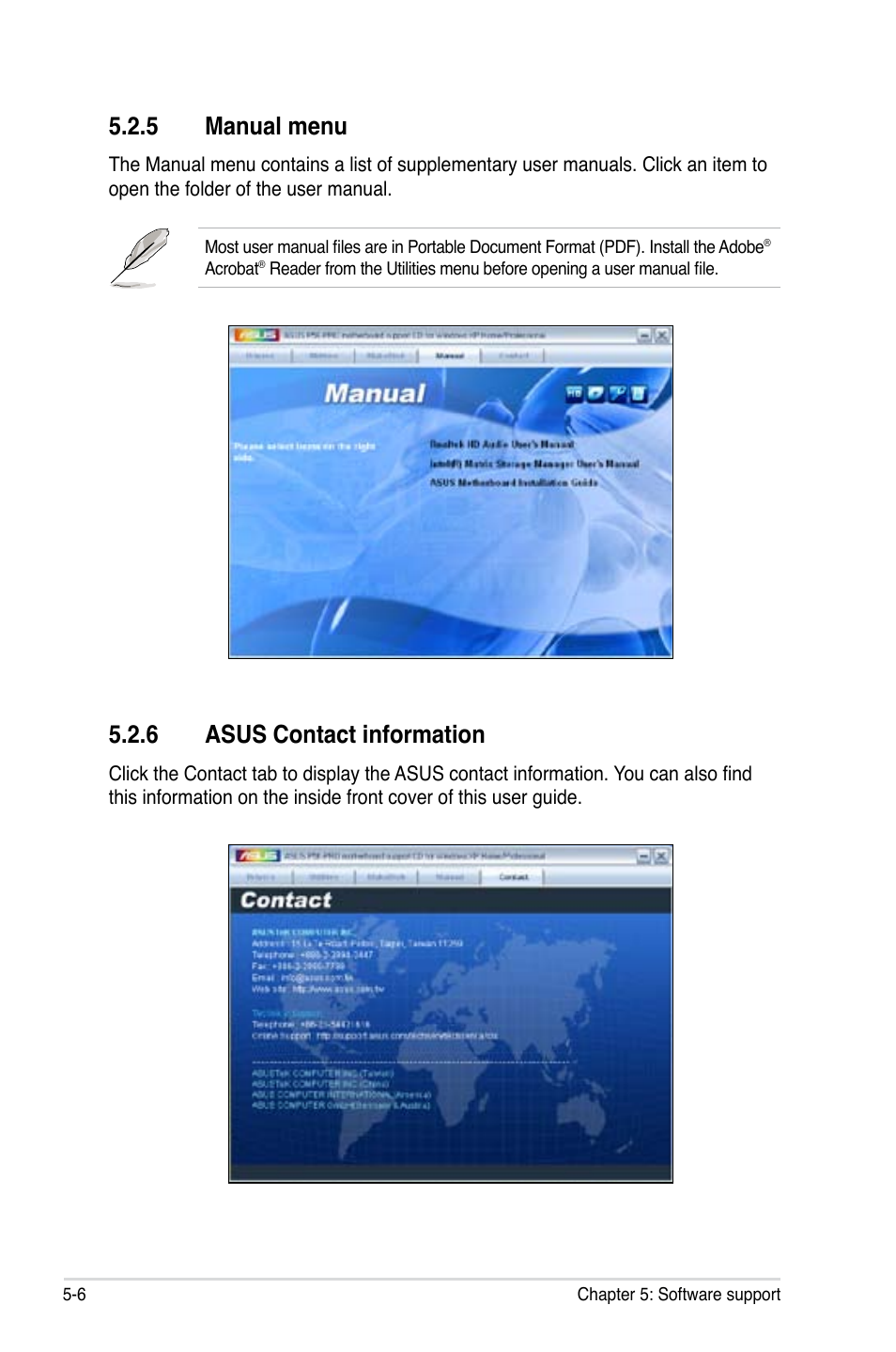 6 asus contact information, 5 manual menu | Asus P5K Pro User Manual | Page 110 / 166