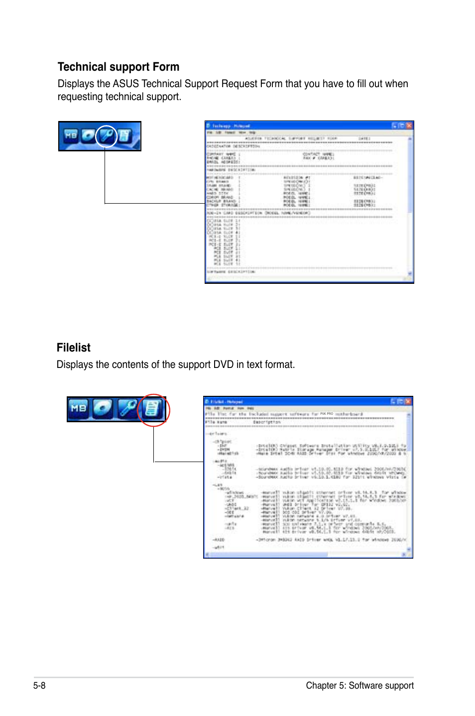 Technical support form, Filelist | Asus P5K Pro User Manual | Page 112 / 166