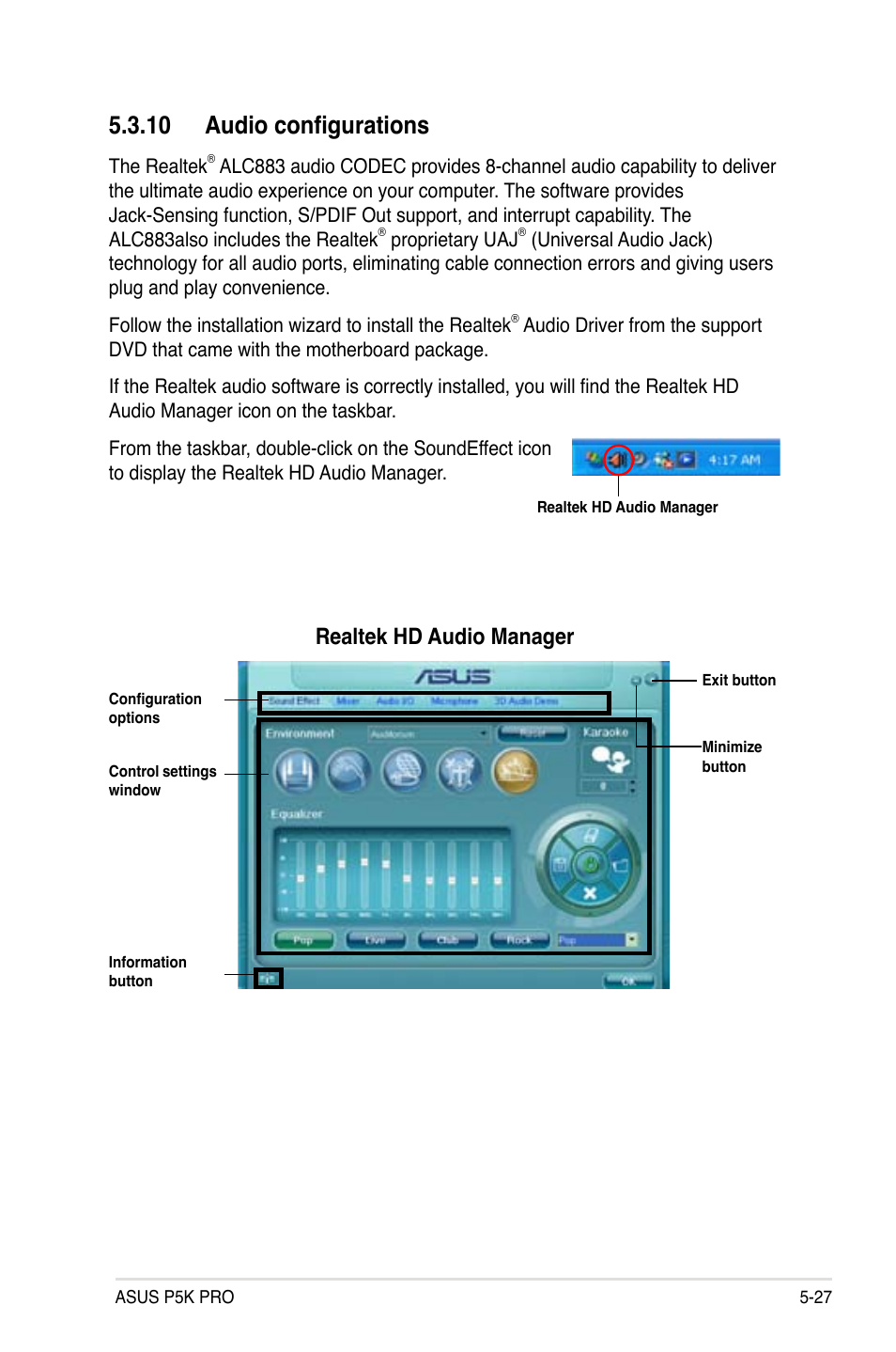 10 audio configurations, Realtek hd audio manager | Asus P5K Pro User Manual | Page 131 / 166
