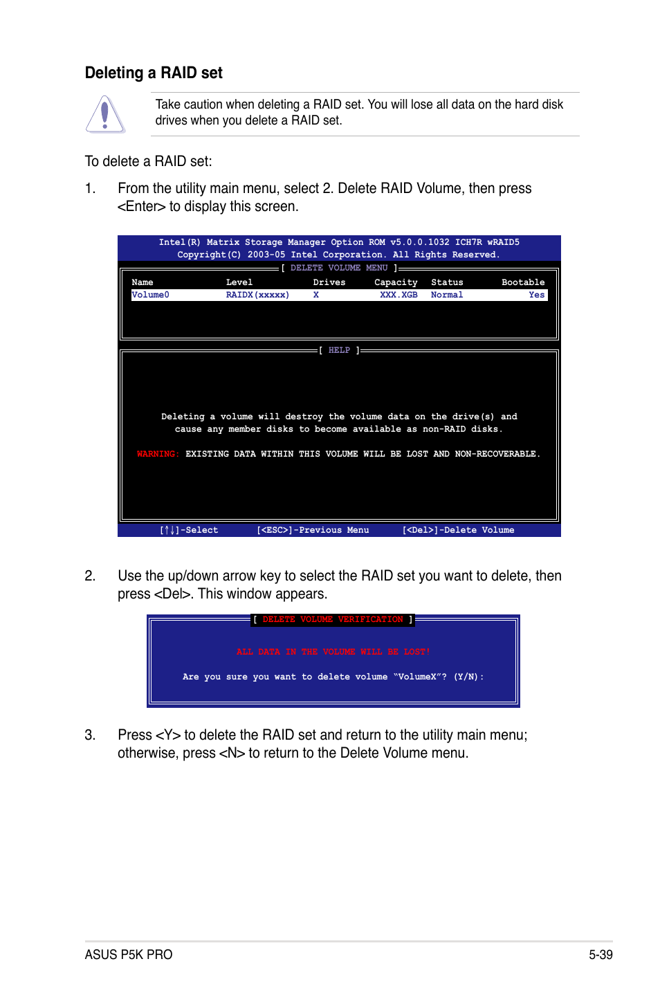 Deleting a raid set | Asus P5K Pro User Manual | Page 143 / 166