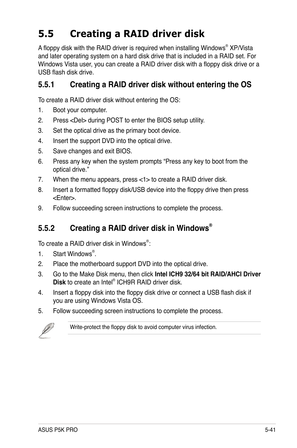 5 creating a raid driver disk, 2 creating a raid driver disk in windows | Asus P5K Pro User Manual | Page 145 / 166