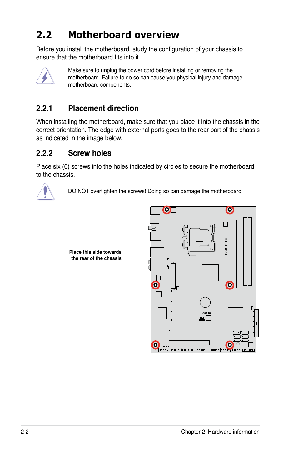 2 motherboard overview, 1 placement direction, 2 screw holes | Asus P5K Pro User Manual | Page 26 / 166