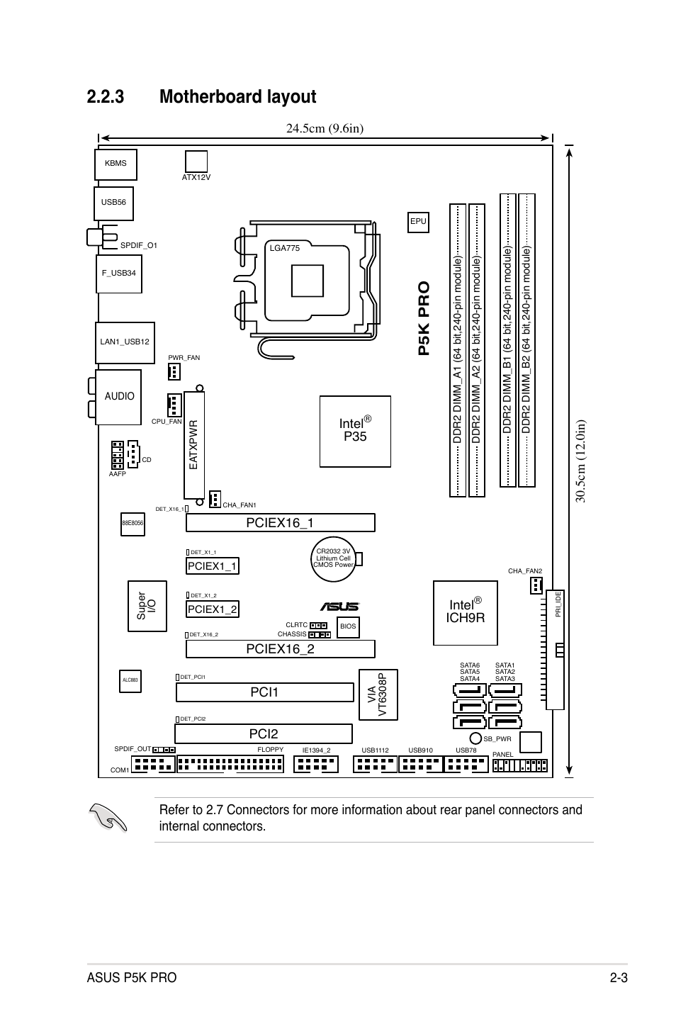 3 motherboard layout, P5k pro, Asus p5k pro 2-3 | Intel, Ich9r, P35 pci1, Pciex16_1 pci2, Pciex16_2 | Asus P5K Pro User Manual | Page 27 / 166