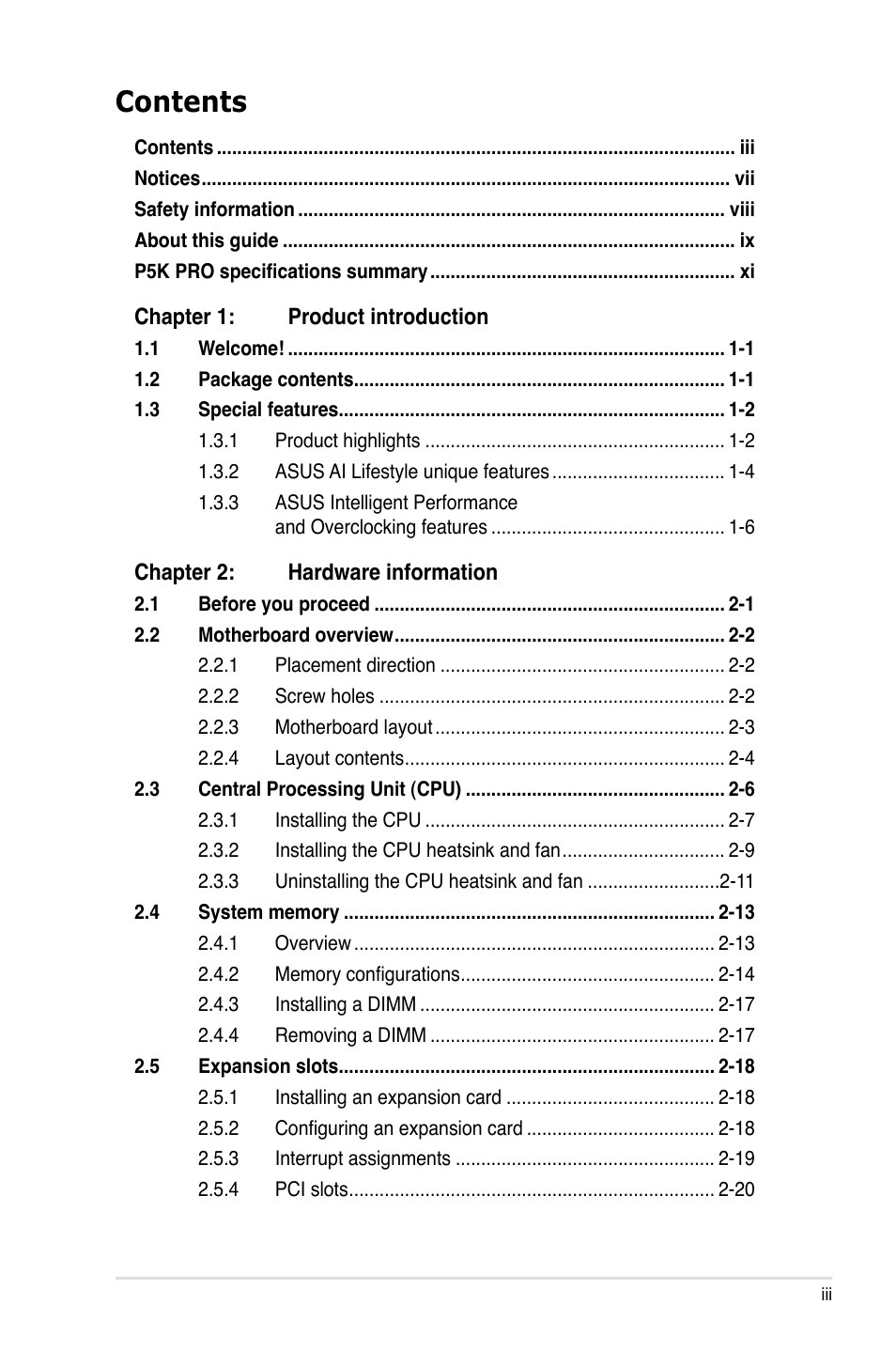 Asus P5K Pro User Manual | Page 3 / 166