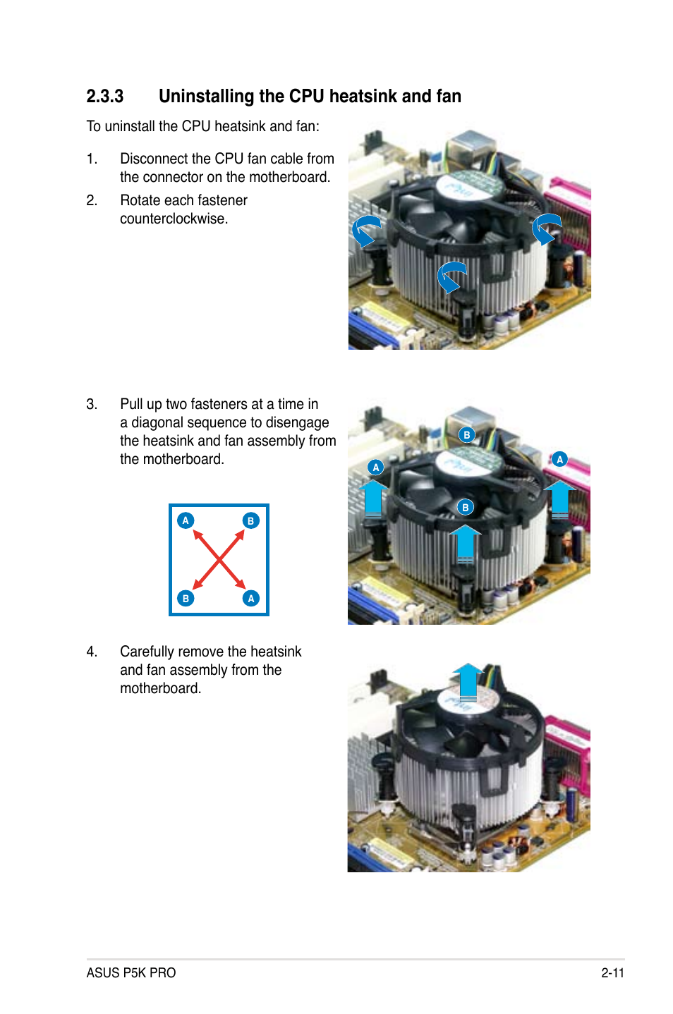 3 uninstalling the cpu heatsink and fan | Asus P5K Pro User Manual | Page 35 / 166