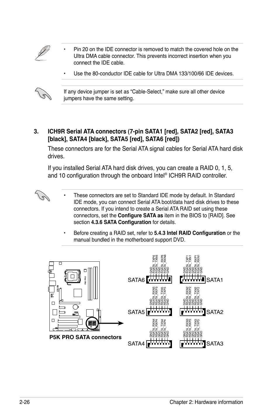 Ich9r raid controller, 26 chapter 2: hardware information, P5k pro sata connectors sata3 sata1 | Asus P5K Pro User Manual | Page 50 / 166