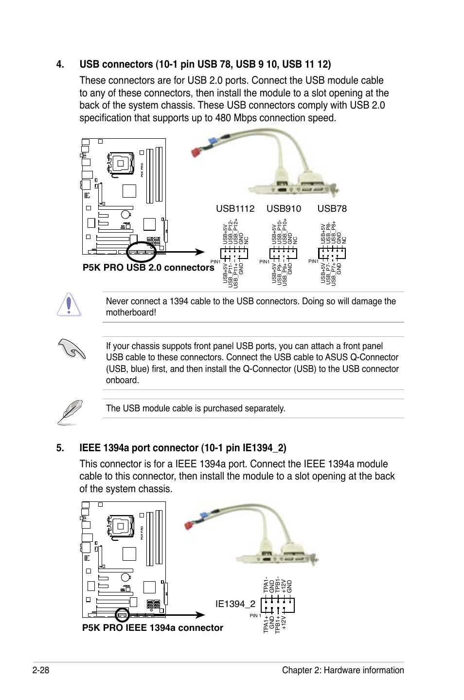 28 chapter 2: hardware information, P5k pro usb 2.0 connectors, Usb1112 | Usb910 | Asus P5K Pro User Manual | Page 52 / 166