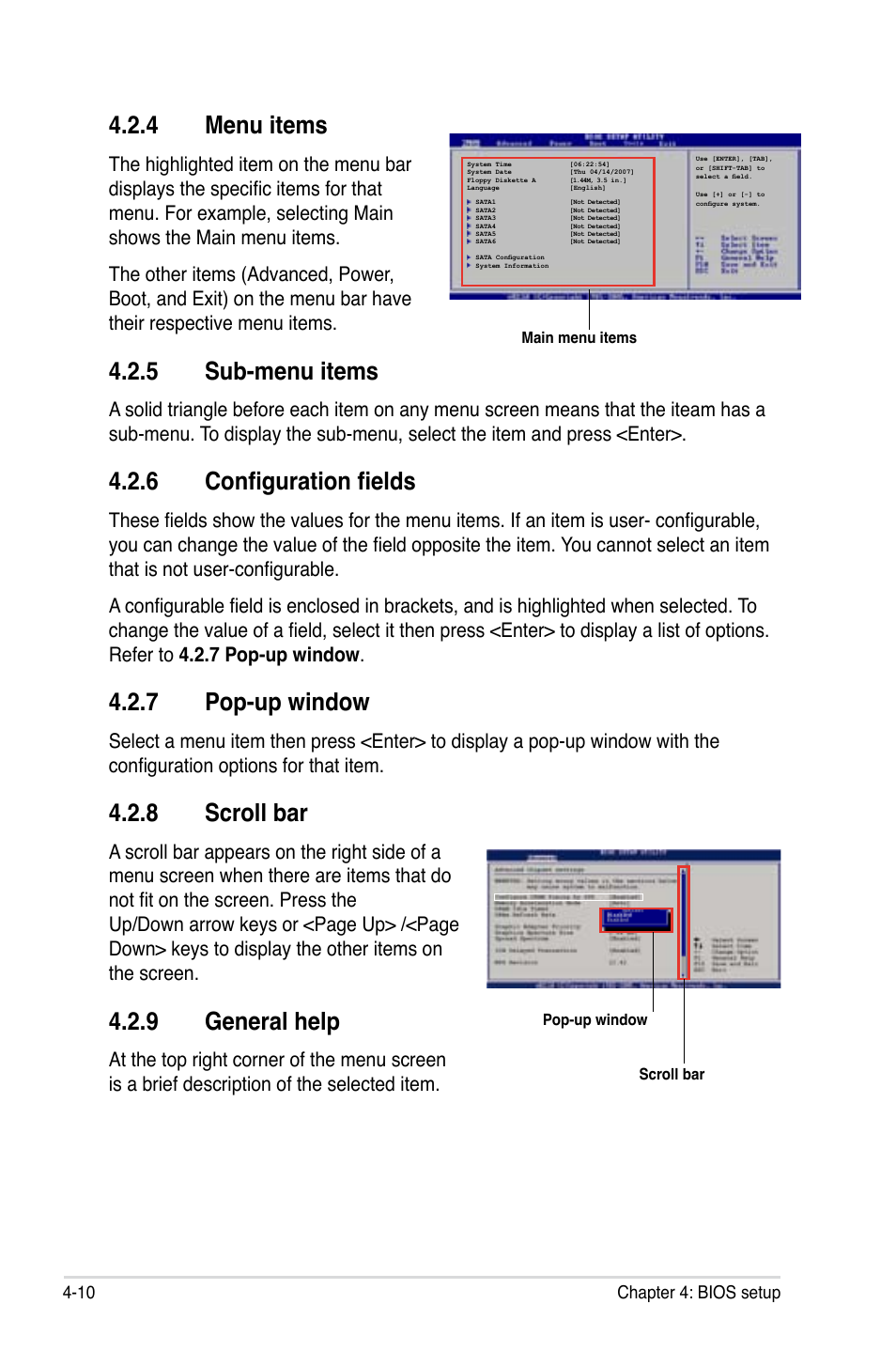 4 menu items, 5 sub-menu items, 6 configuration fields | 7 pop-up window, 8 scroll bar, 9 general help | Asus P5K Pro User Manual | Page 74 / 166