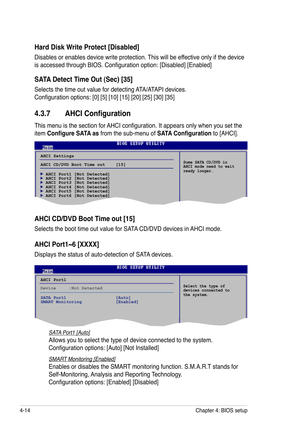 7 ahci configuration, Hard disk write protect [disabled, Sata detect time out (sec) [35 | Ahci cd/dvd boot time out [15 | Asus P5K Pro User Manual | Page 78 / 166