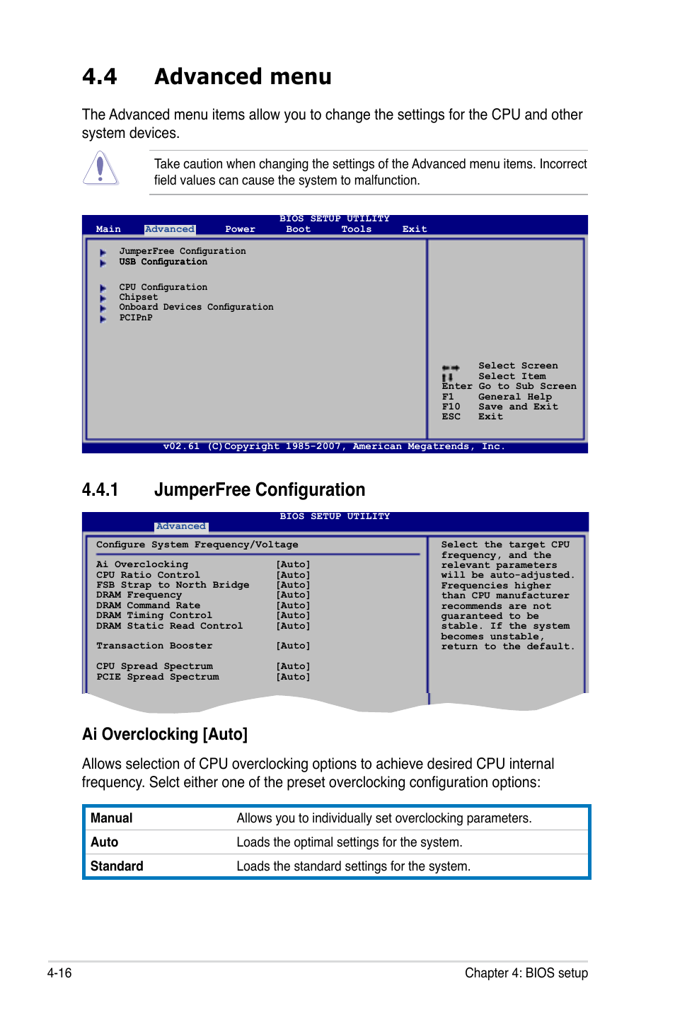 4 advanced menu, 1 jumperfree configuration, Ai overclocking [auto | Asus P5K Pro User Manual | Page 80 / 166