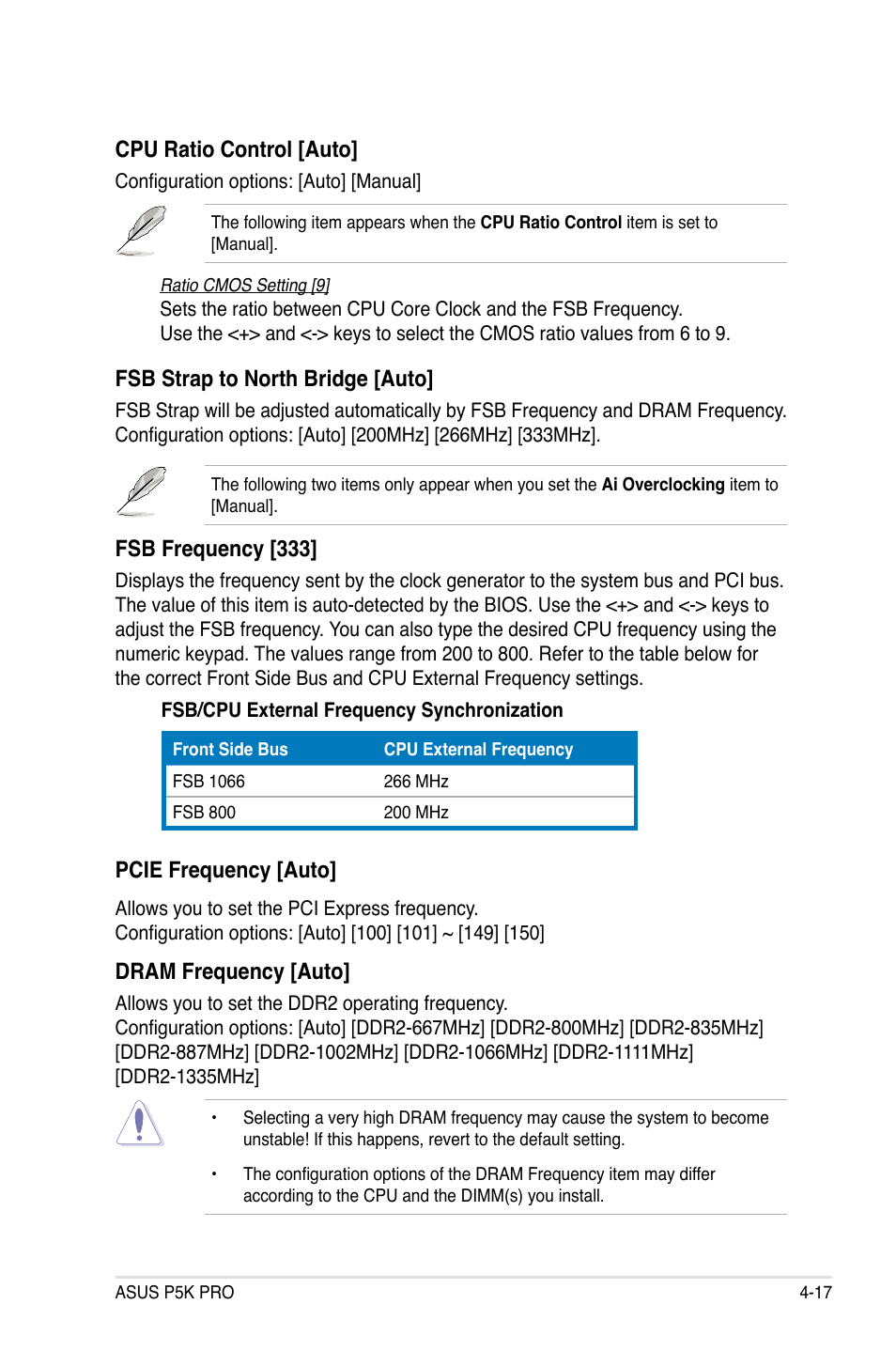 Cpu ratio control [auto, Fsb strap to north bridge [auto, Fsb frequency [333 | Pcie frequency [auto, Dram frequency [auto | Asus P5K Pro User Manual | Page 81 / 166