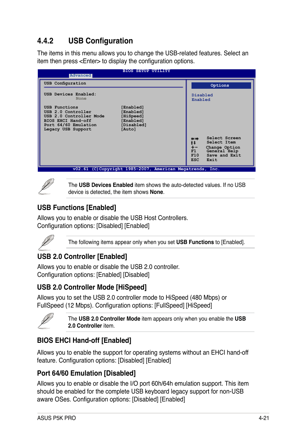 2 usb configuration, Usb 2.0 controller [enabled, Usb functions [enabled | Usb 2.0 controller mode [hispeed, Bios ehci hand-off [enabled, Port 64/60 emulation [disabled | Asus P5K Pro User Manual | Page 85 / 166