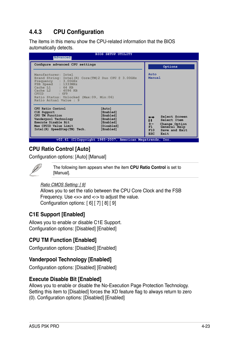 3 cpu configuration, Cpu ratio control [auto, C1e support [enabled | Cpu tm function [enabled, Vanderpool technology [enabled, Execute disable bit [enabled, Configuration options: [auto] [manual, Configuration options: [disabled] [enabled | Asus P5K Pro User Manual | Page 87 / 166