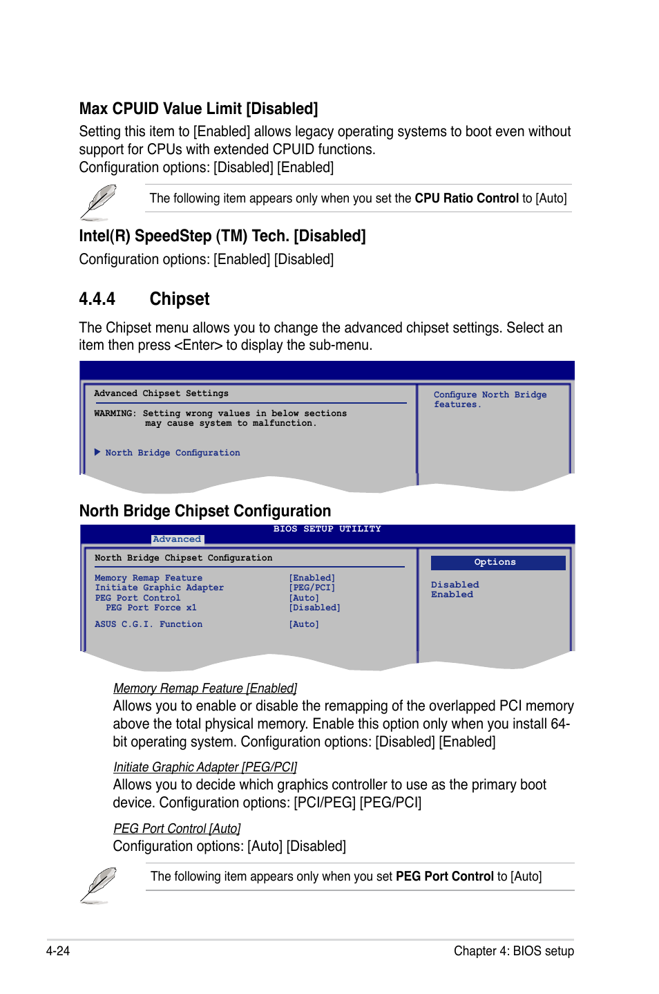 4 chipset, North bridge chipset configuration, Max cpuid value limit [disabled | Intel(r) speedstep (tm) tech. [disabled, Configuration options: [auto] [disabled, Configuration options: [enabled] [disabled | Asus P5K Pro User Manual | Page 88 / 166