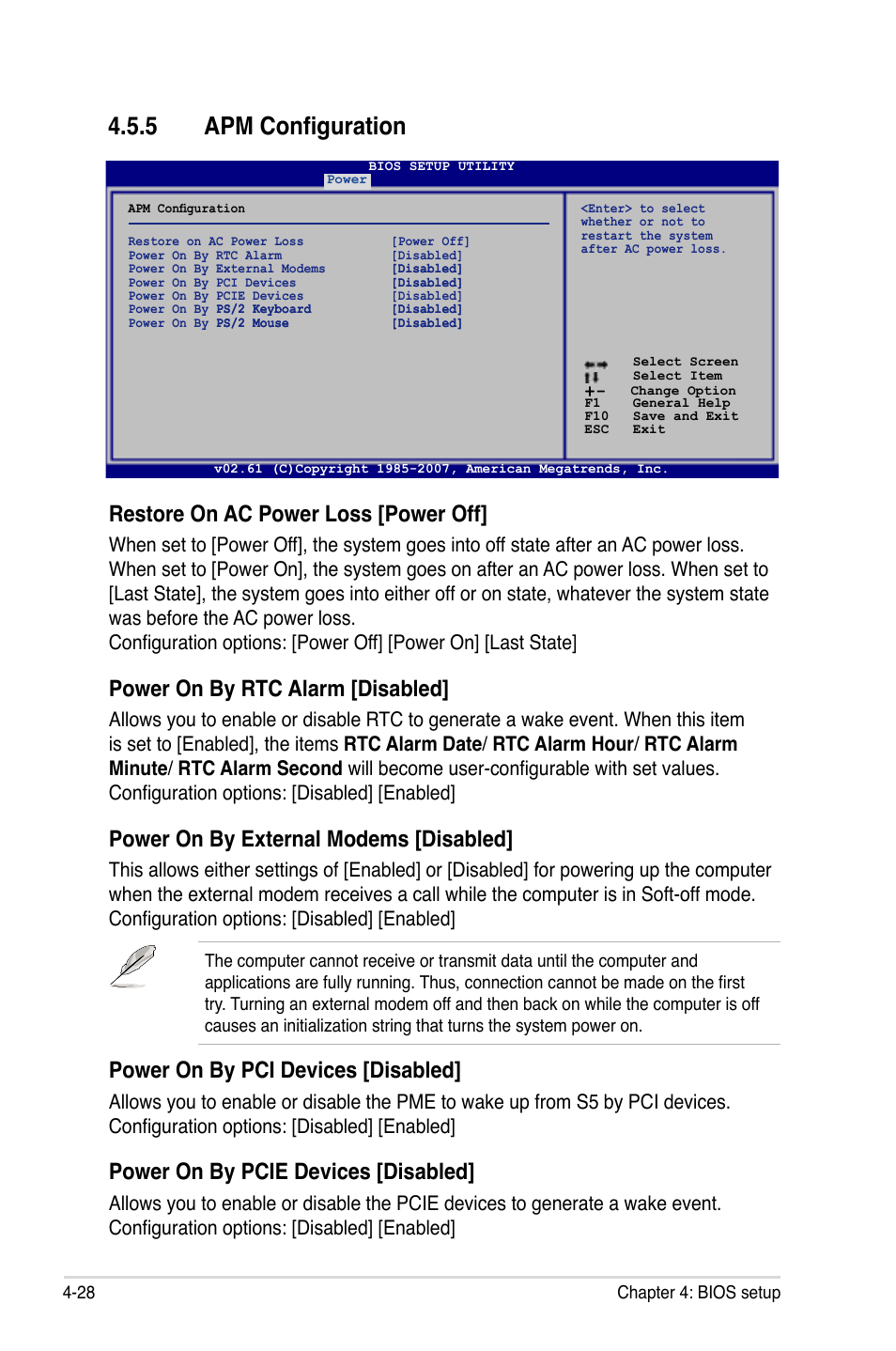 5 apm configuration, Restore on ac power loss [power off, Power on by rtc alarm [disabled | Power on by external modems [disabled, Power on by pci devices [disabled, Power on by pcie devices [disabled | Asus P5K Pro User Manual | Page 92 / 166