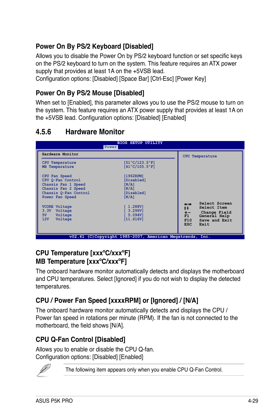 6 hardware monitor, Power on by ps/2 keyboard [disabled, Power on by ps/2 mouse [disabled | Cpu q-fan control [disabled | Asus P5K Pro User Manual | Page 93 / 166