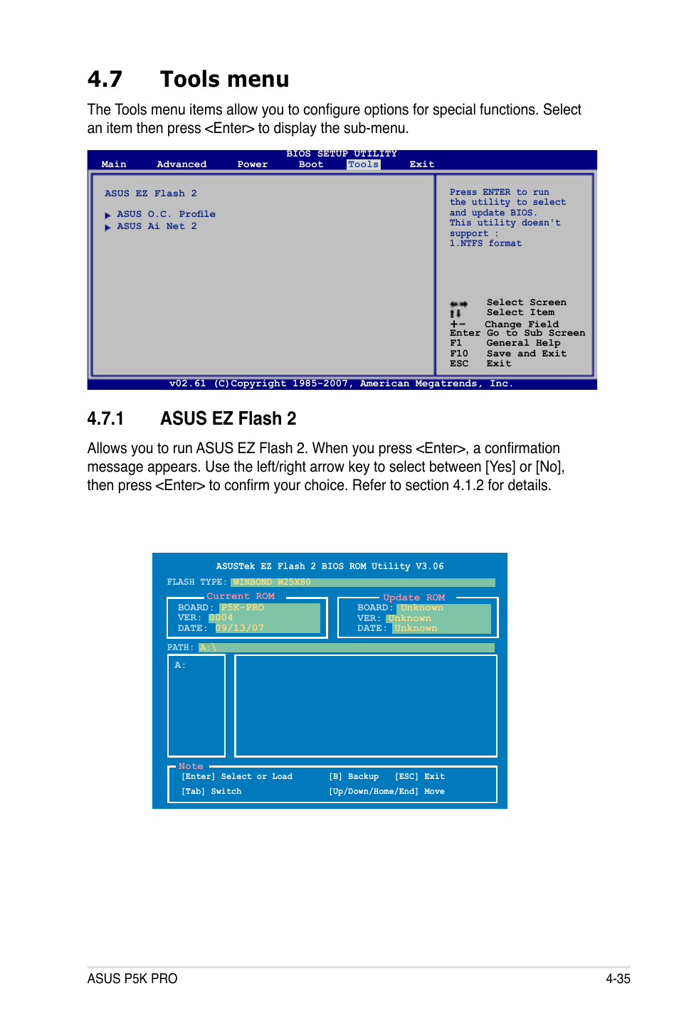 7 tools menu, 1 asus ez flash 2 | Asus P5K Pro User Manual | Page 99 / 166