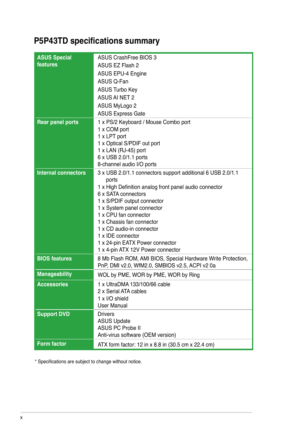 P5p43td specifications summary | Asus P5P43TD/USB3 User Manual | Page 10 / 62