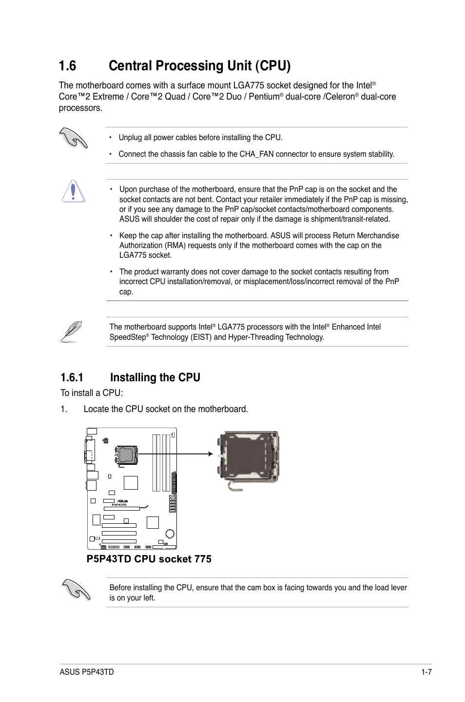 6 central processing unit (cpu), 1 installing the cpu, Central processing unit (cpu) -7 1.6.1 | Installing the cpu -7 | Asus P5P43TD/USB3 User Manual | Page 17 / 62