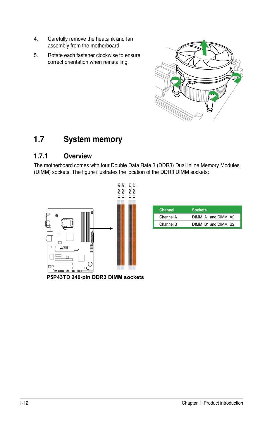 7 system memory, 1 overview, System memory -12 1.7.1 | Overview -12 | Asus P5P43TD/USB3 User Manual | Page 22 / 62