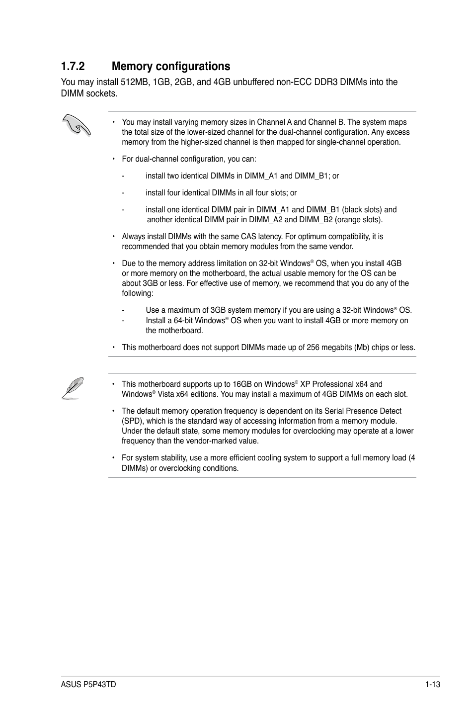 2 memory configurations, Memory configurations -13 | Asus P5P43TD/USB3 User Manual | Page 23 / 62