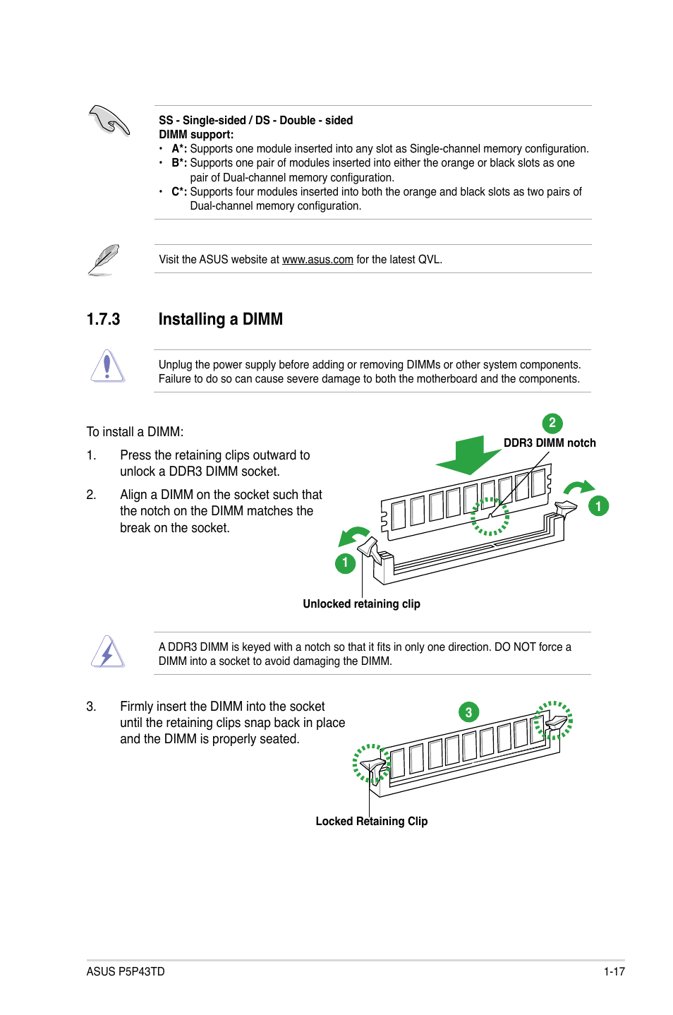 3 installing a dimm, Installing a dimm -17 | Asus P5P43TD/USB3 User Manual | Page 27 / 62