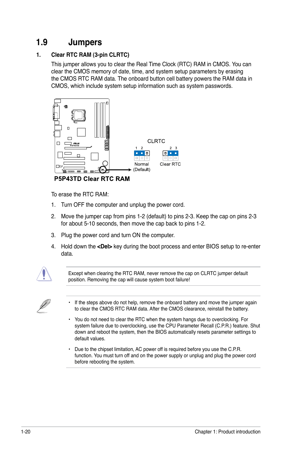 9 jumpers, Jumpers -20 | Asus P5P43TD/USB3 User Manual | Page 30 / 62